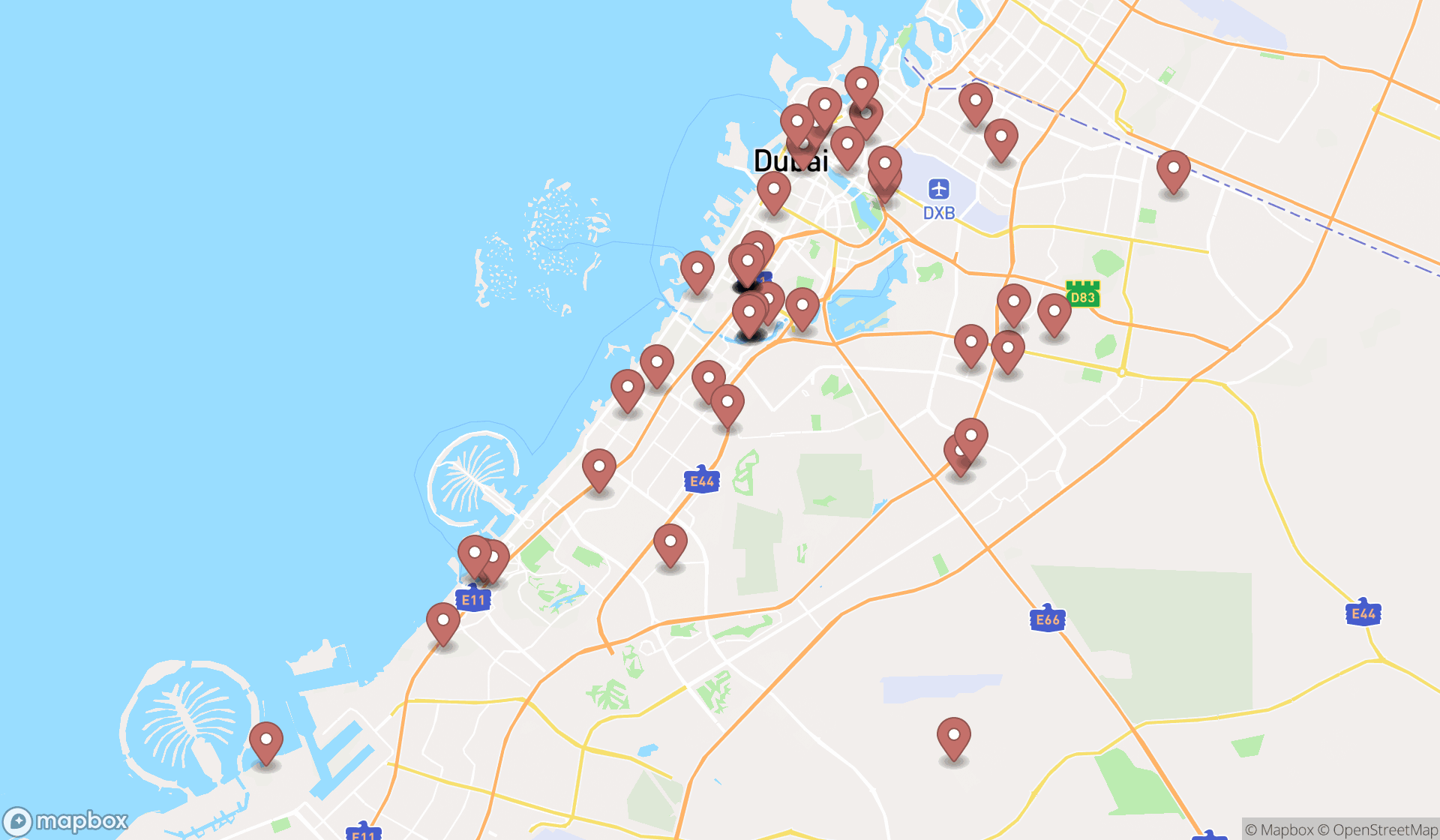 Map showing the search results in Dubai