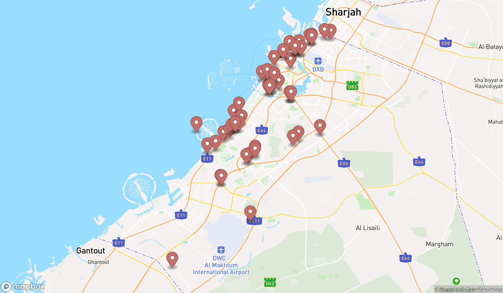 Map showing the search results in Dubai