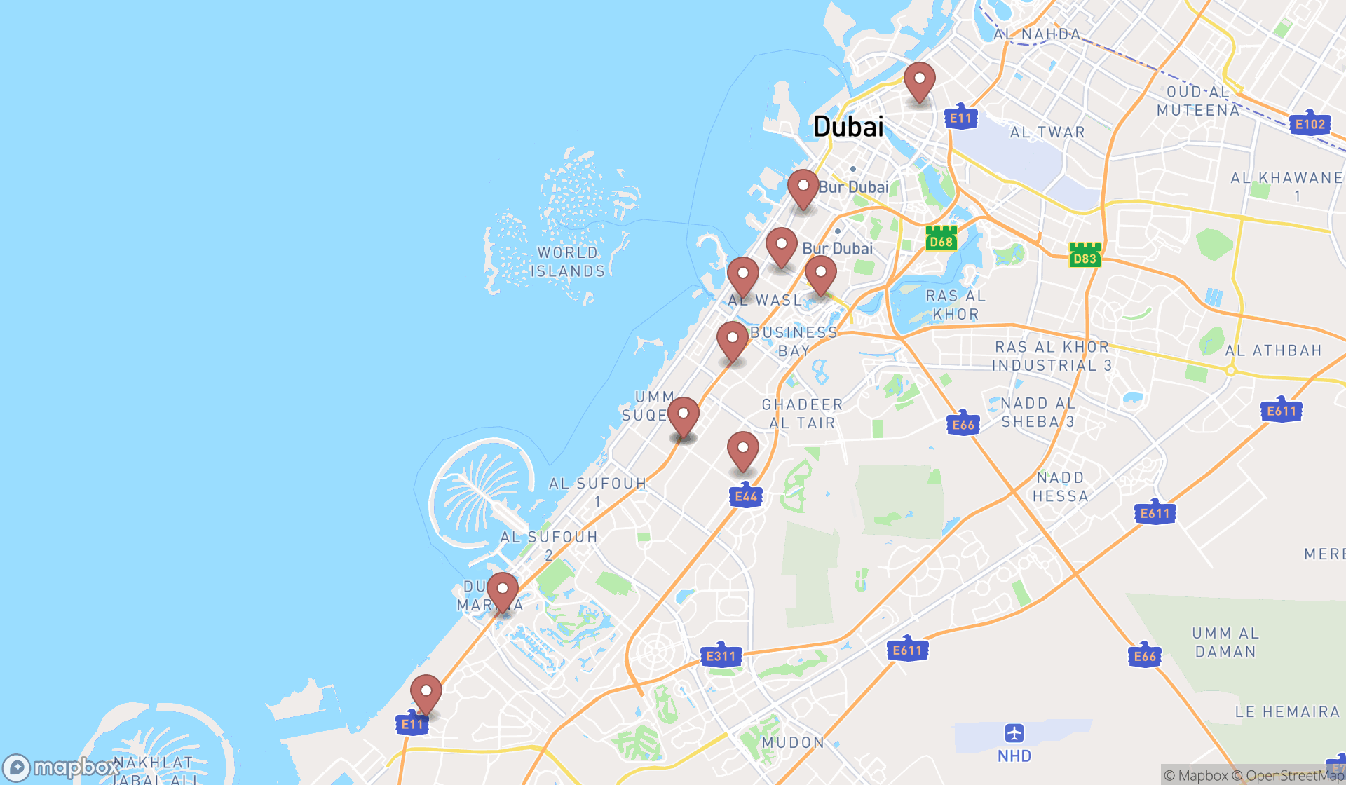 Map showing the search results in Dubai