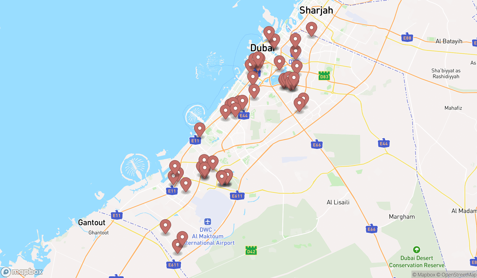 Map showing the search results in Dubai