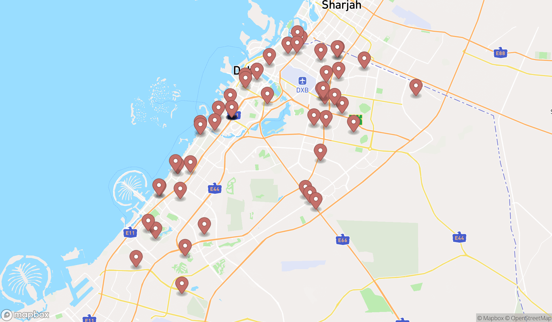 Map showing the search results in Dubai