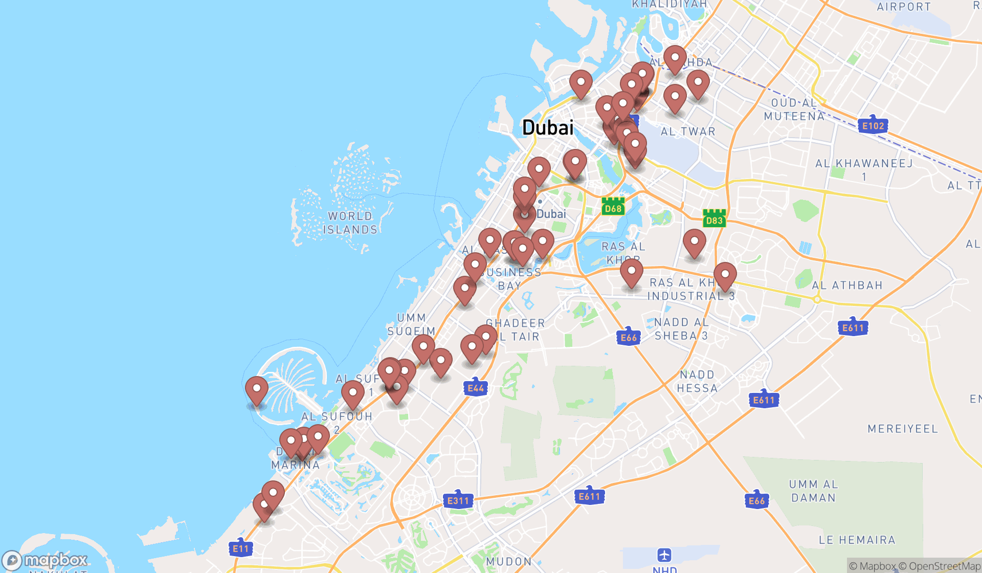 Map showing the search results in Dubai