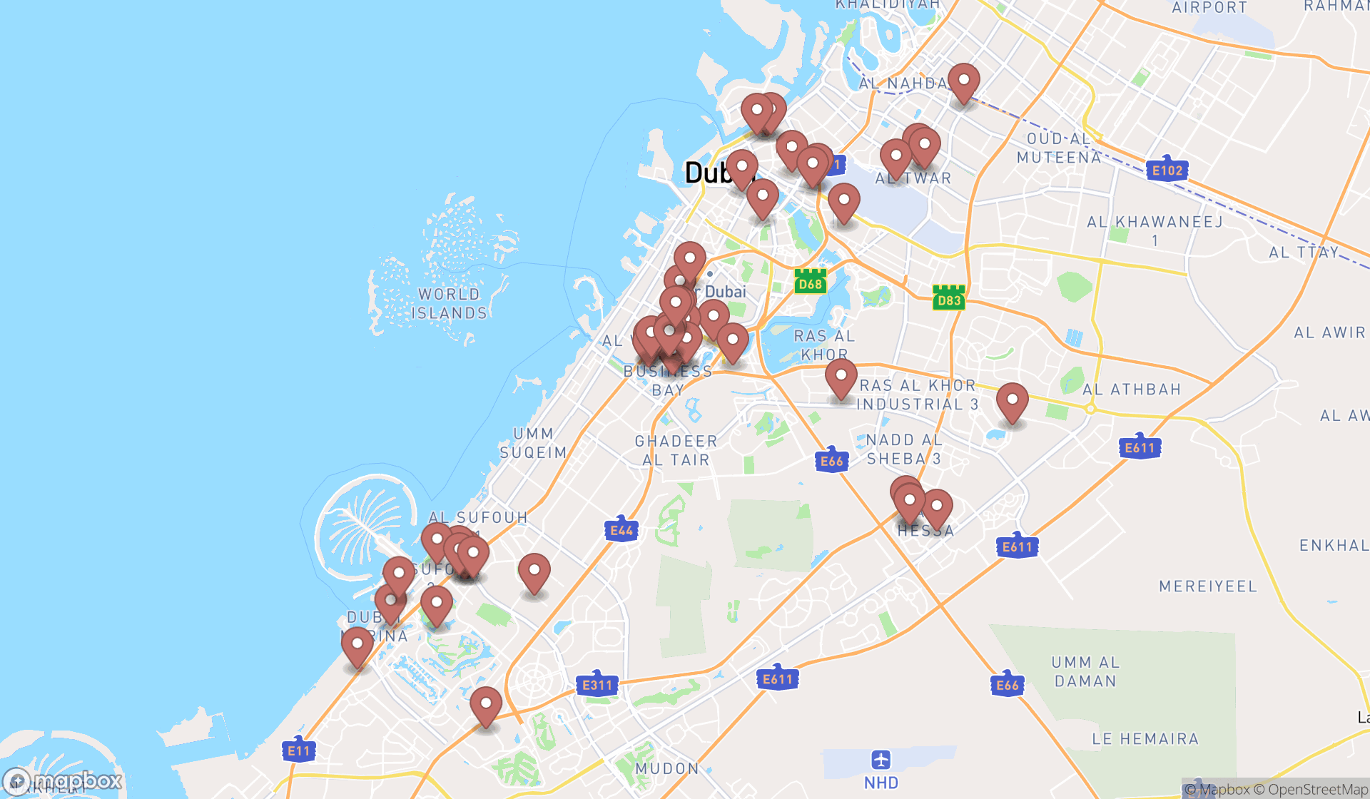 Map showing the search results in Dubai