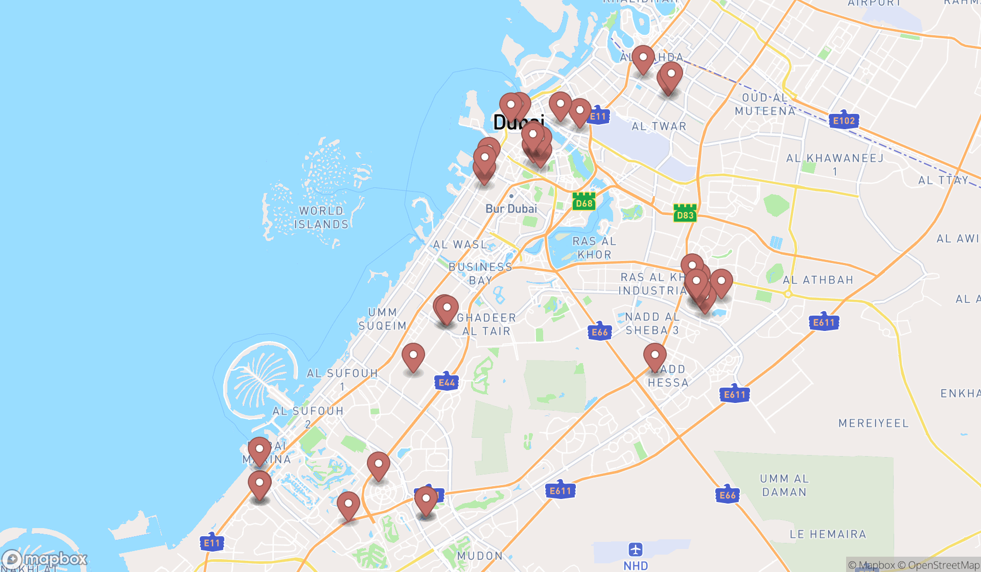 Map showing the search results in Dubai