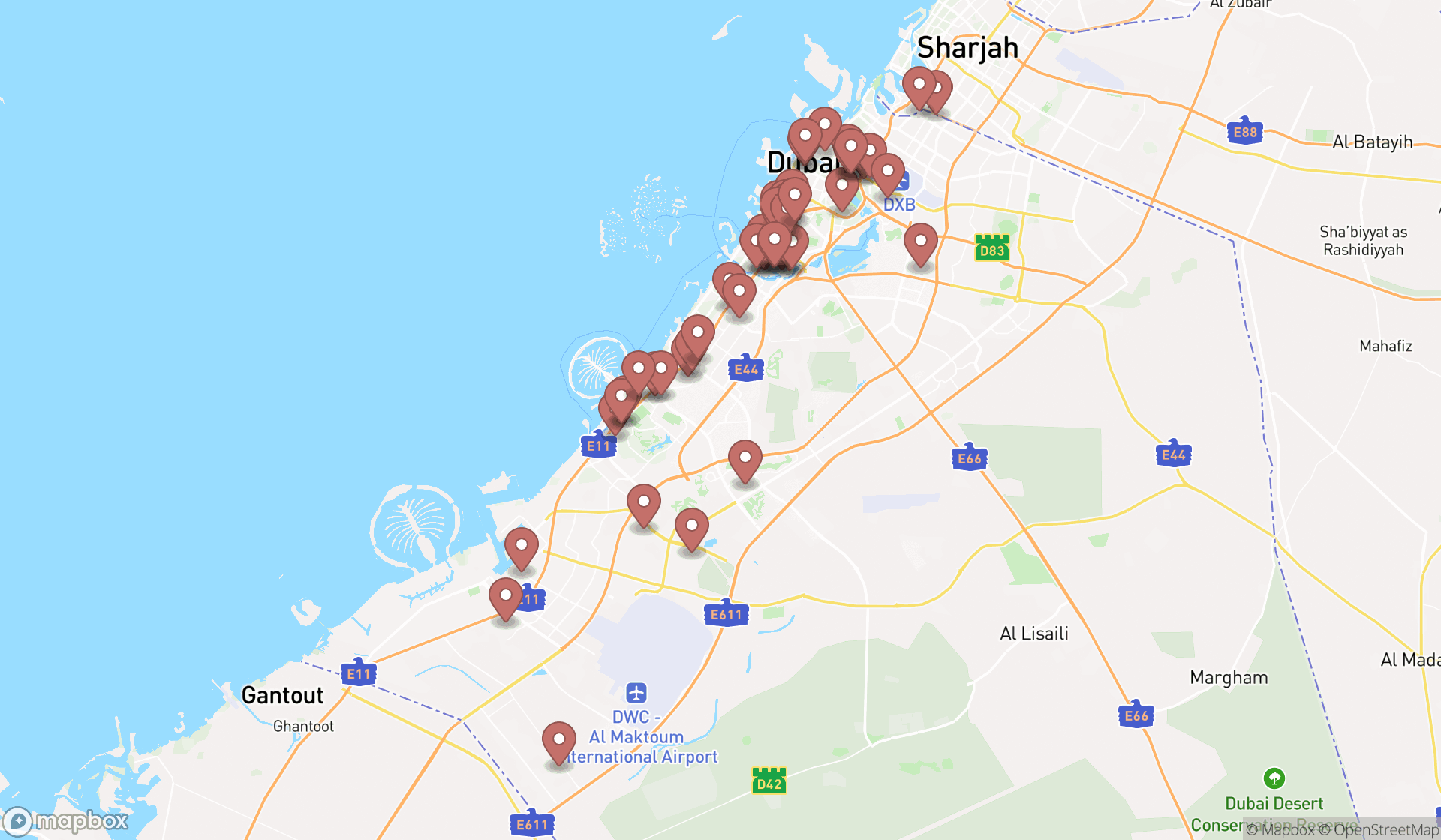 Map showing the search results in Dubai