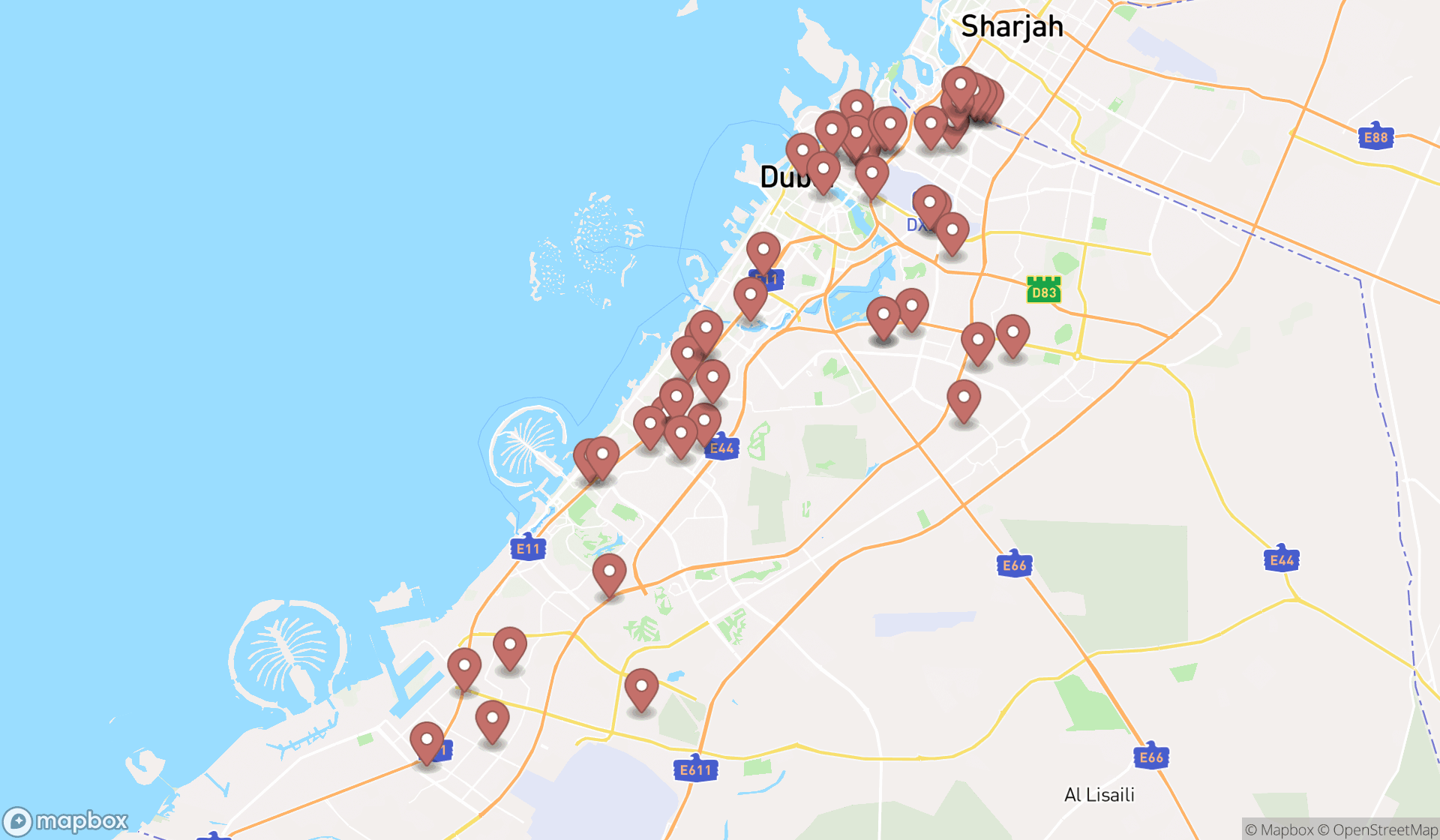 Map showing the search results in Dubai