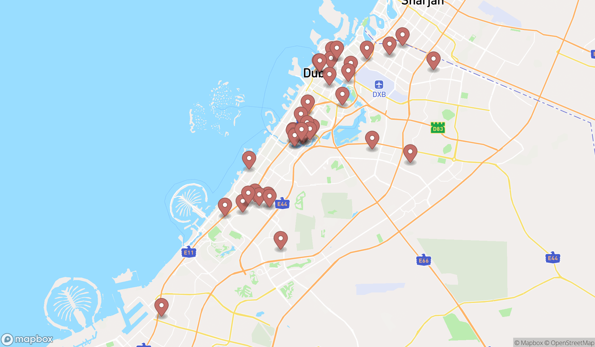 Map showing the search results in Dubai