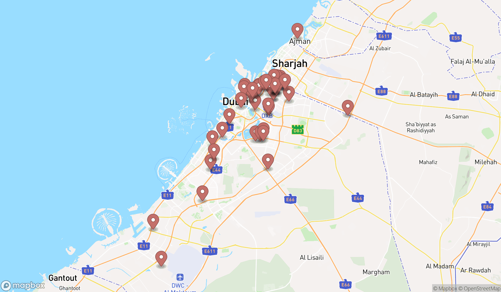 Map showing the search results in Dubai
