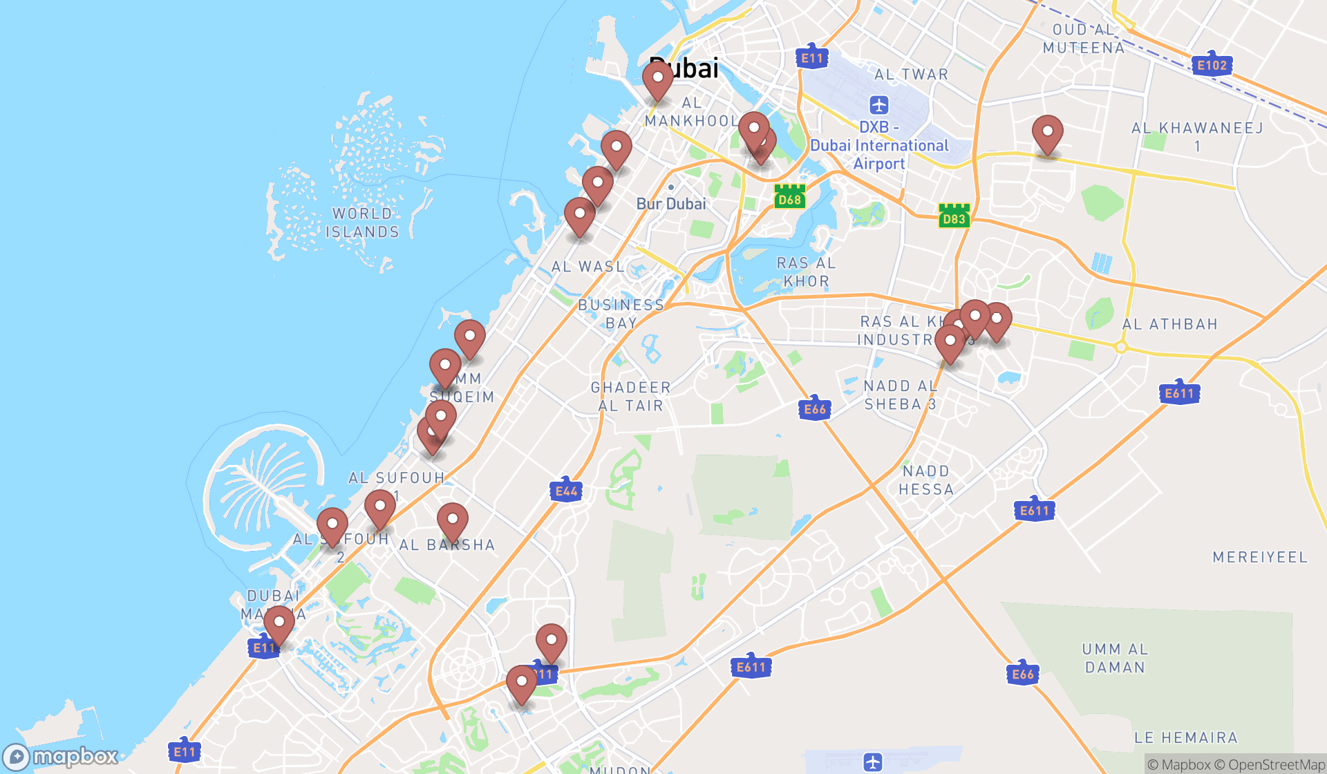 Map showing the search results in Dubai