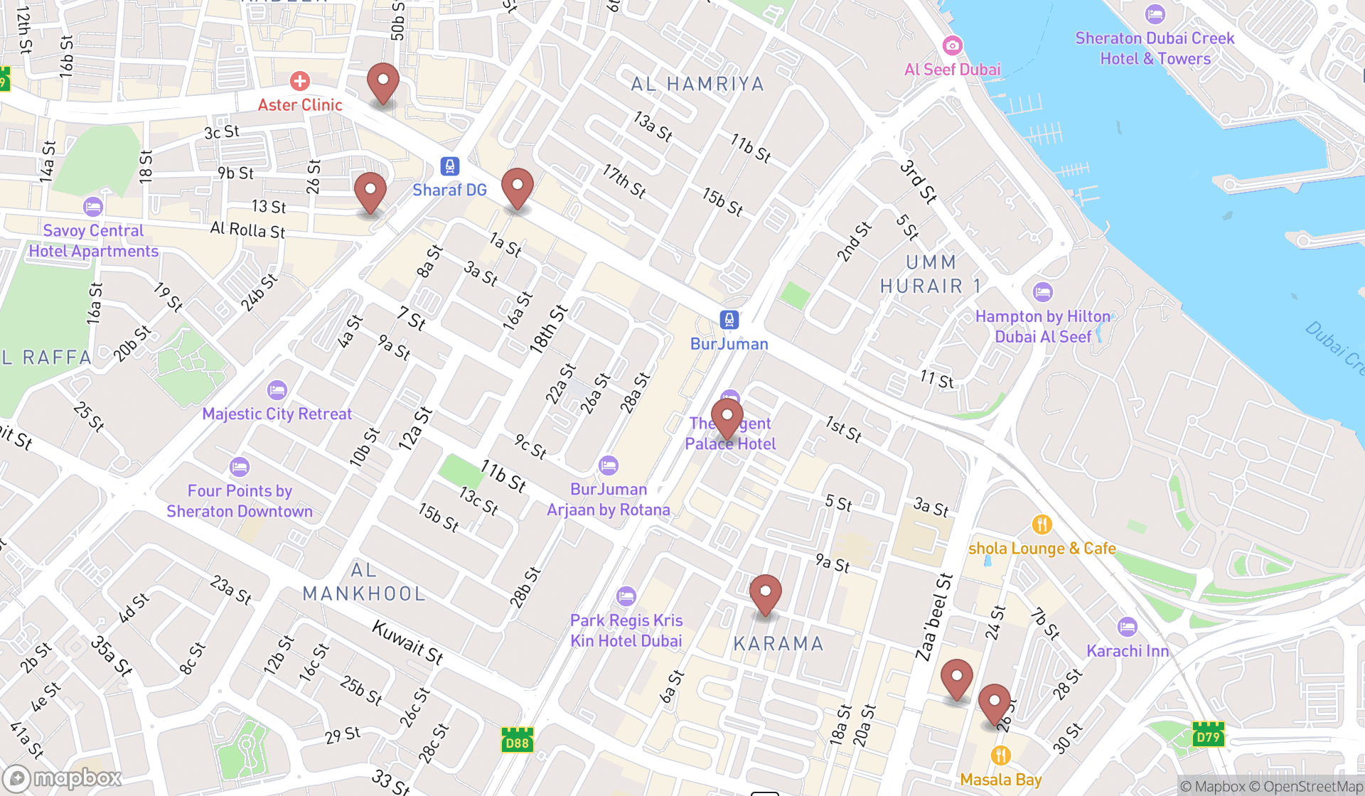 Map showing the search results in Dubai