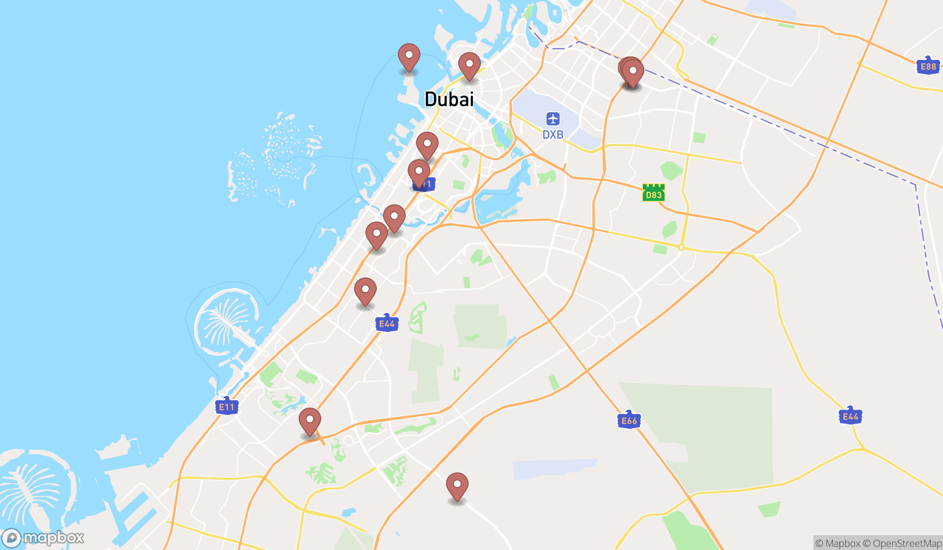 Map showing the search results in Dubai