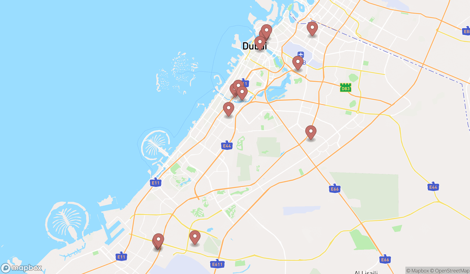 Map showing the search results in Dubai