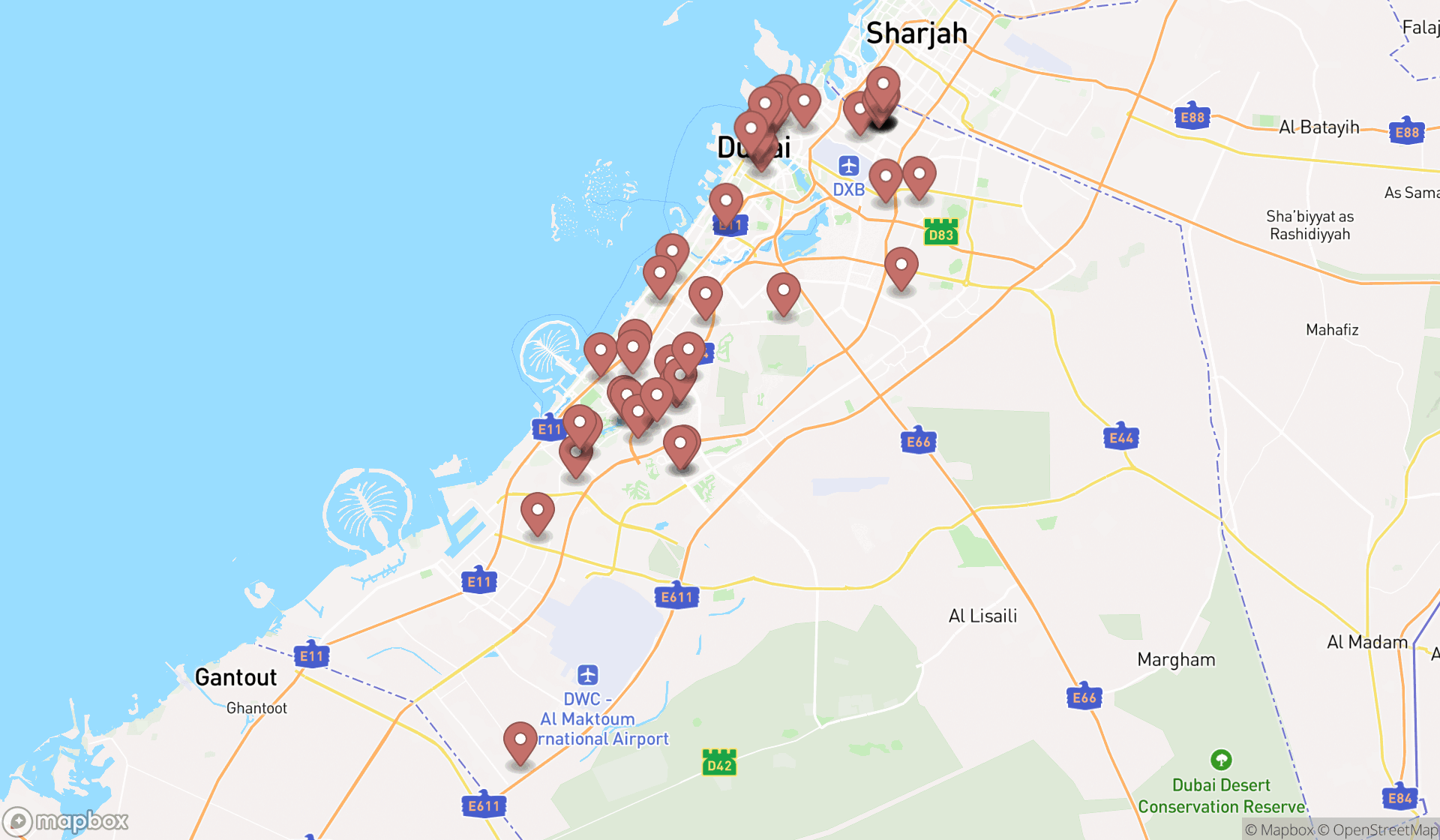 Map showing the search results in Dubai