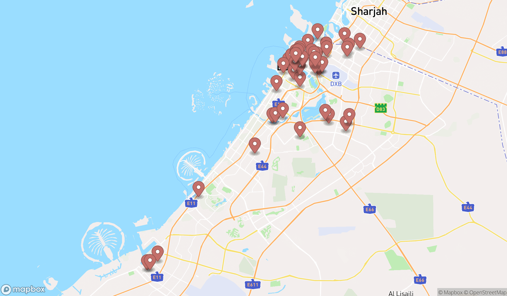 Map showing the search results in Dubai