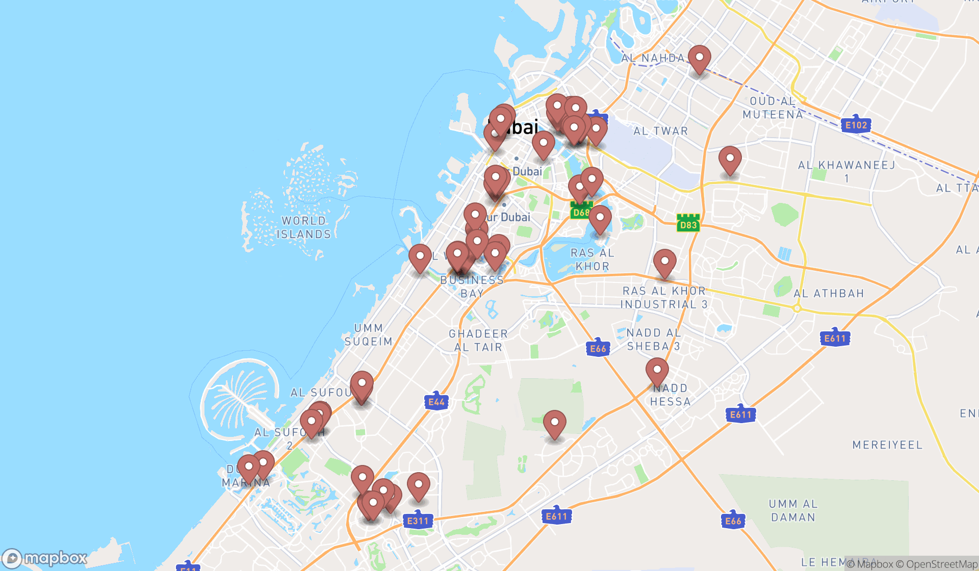 Map showing the search results in Dubai