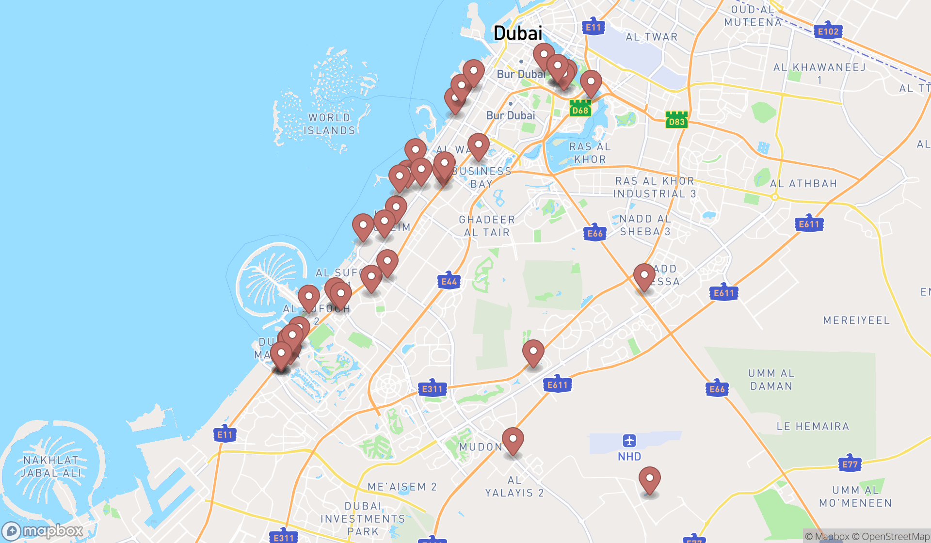 Map showing the search results in Dubai