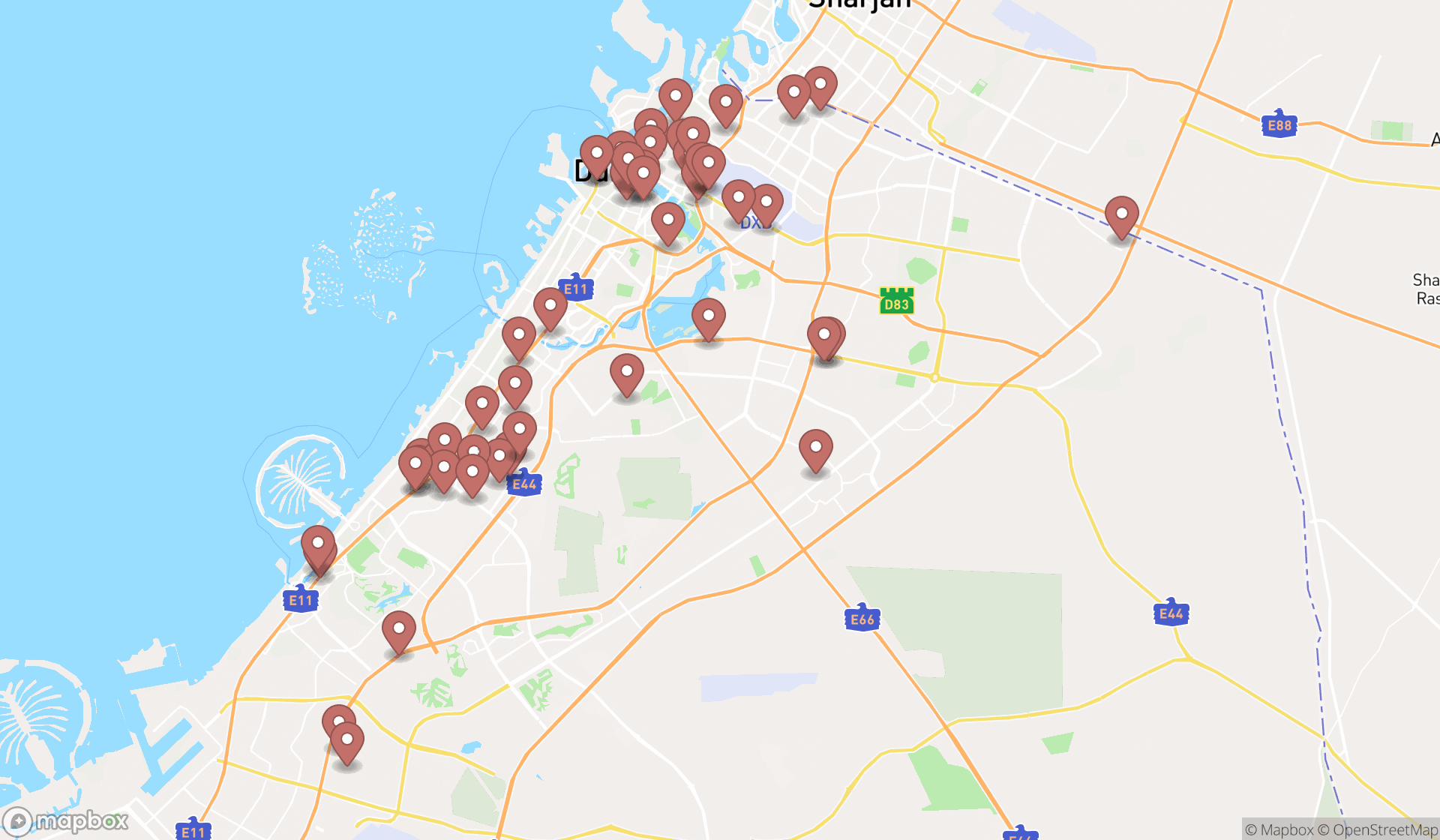 Map showing the search results in Dubai