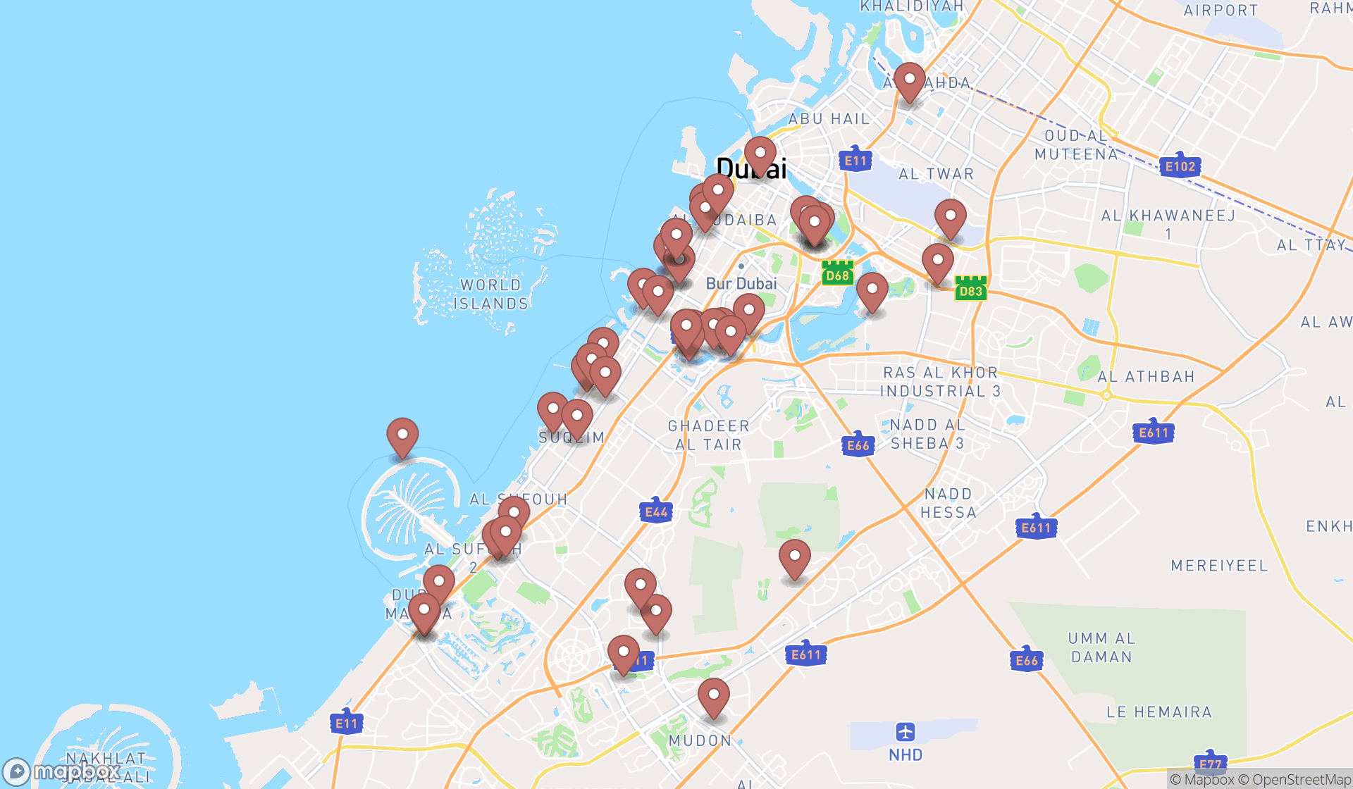 Map showing the search results in Dubai