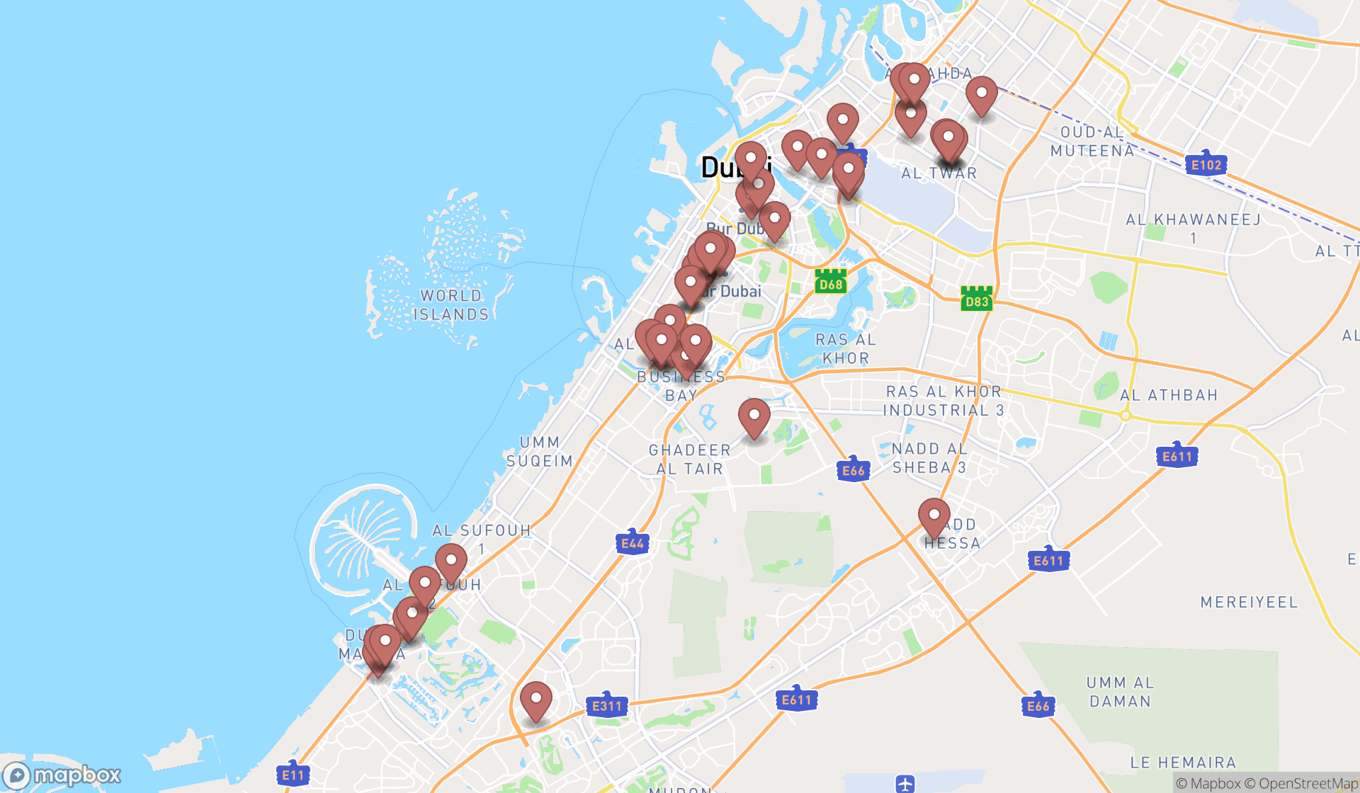 Map showing the search results in Dubai