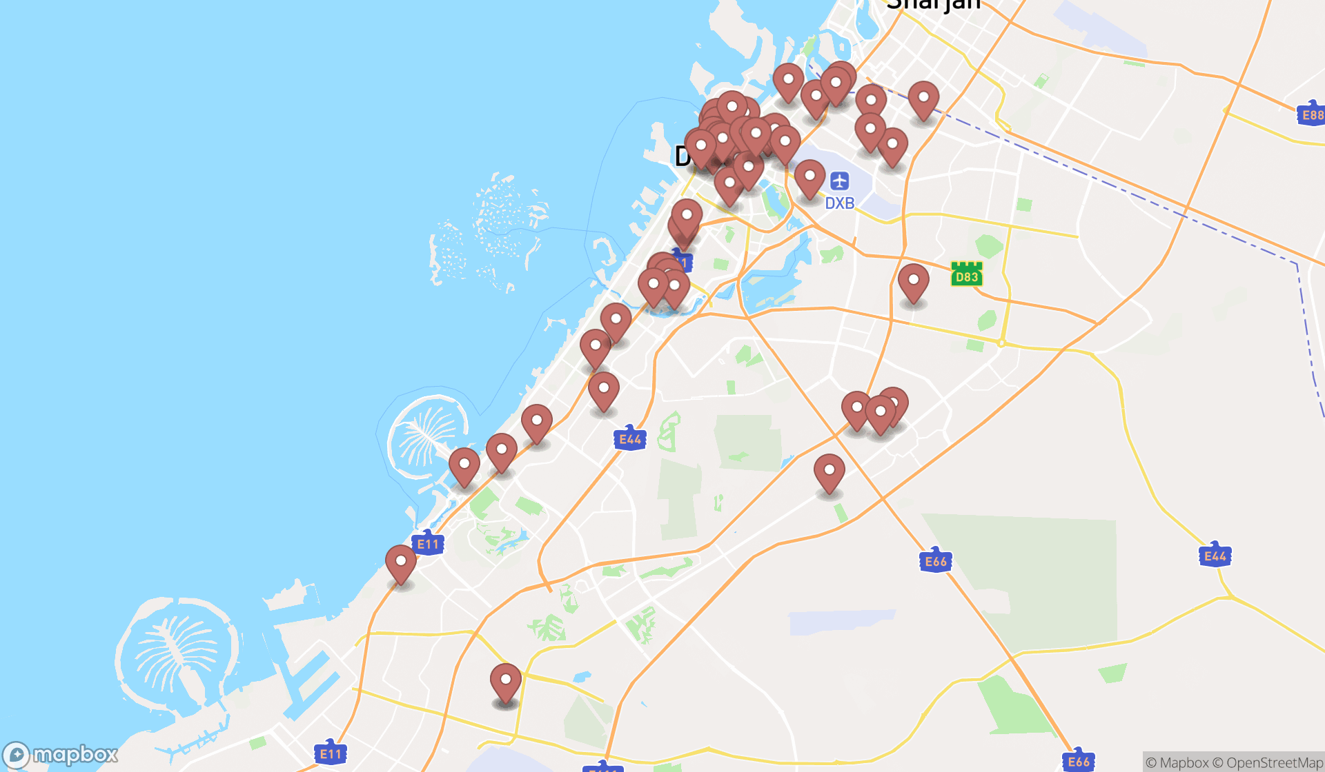 Map showing the search results in Dubai