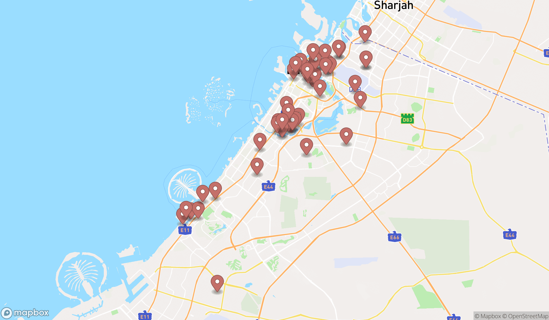 Map showing the search results in Dubai