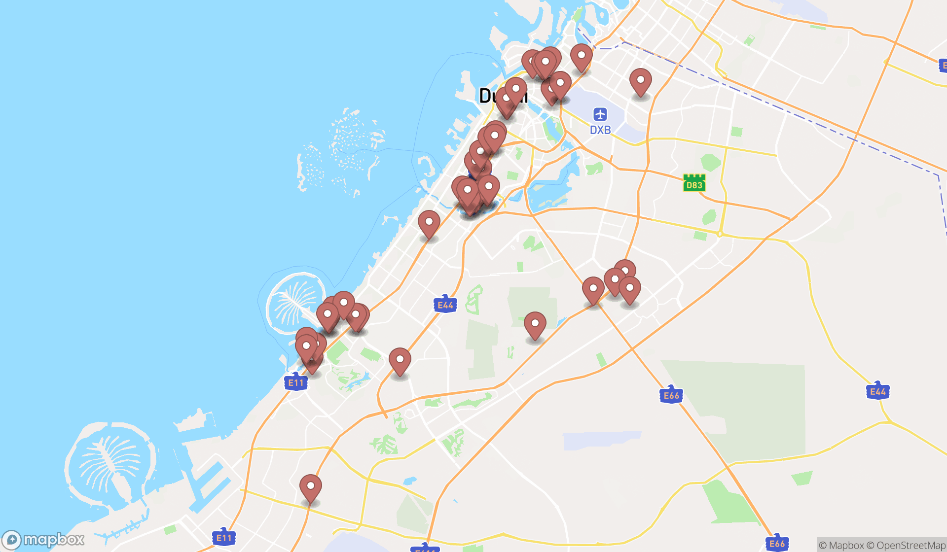 Map showing the search results in Dubai