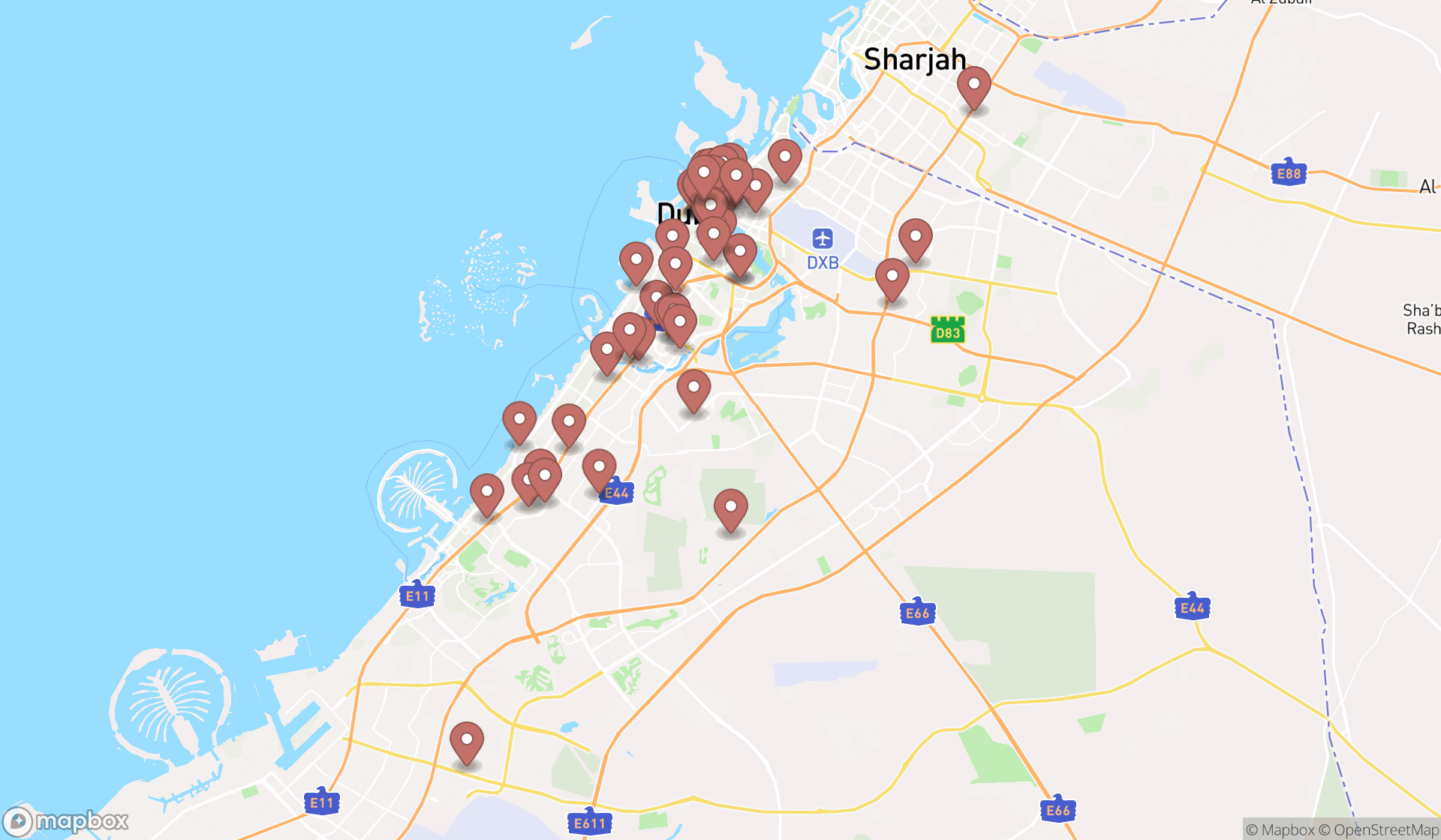 Map showing the search results in Dubai