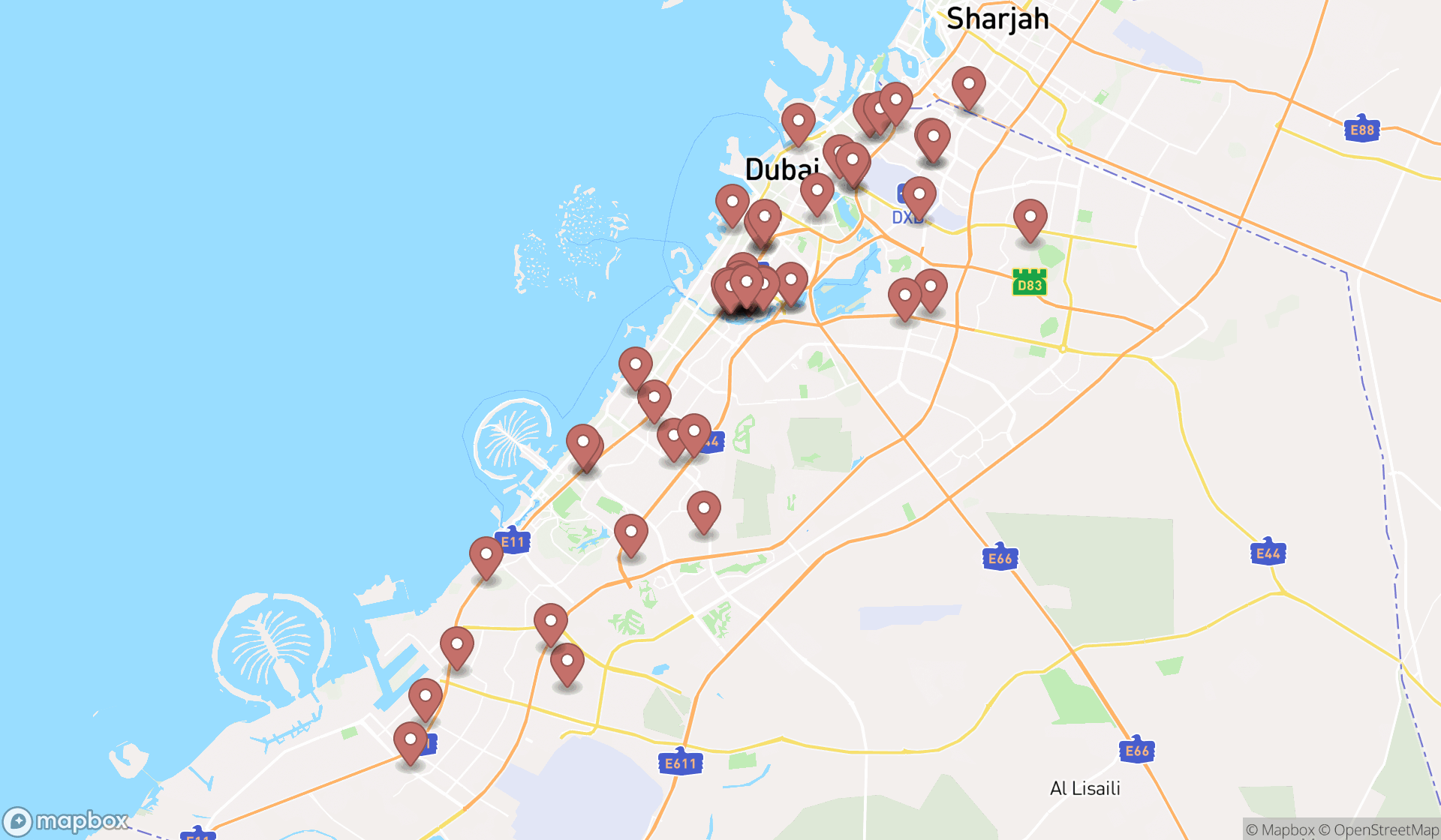 Map showing the search results in Dubai