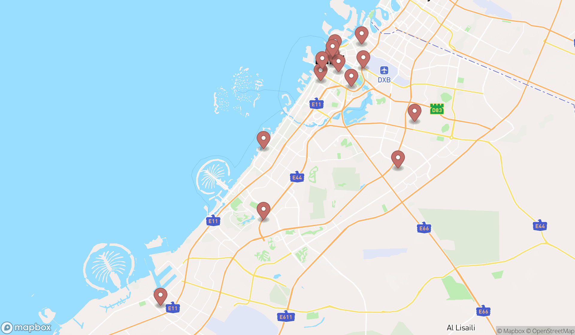 Map showing the search results in Dubai
