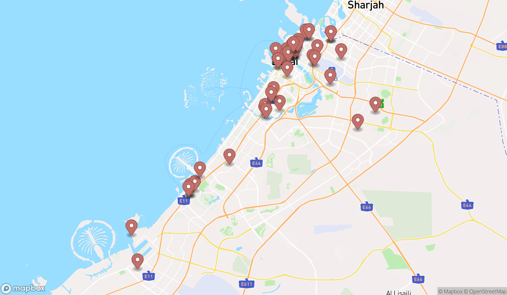 Map showing the search results in Dubai