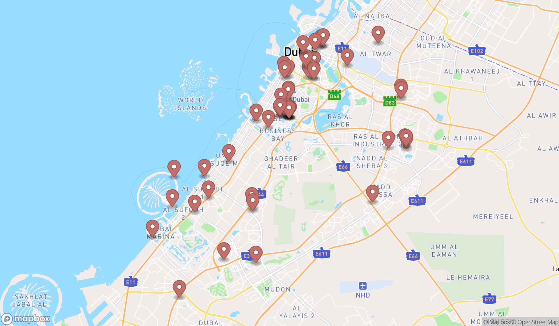 Map showing the search results in Dubai