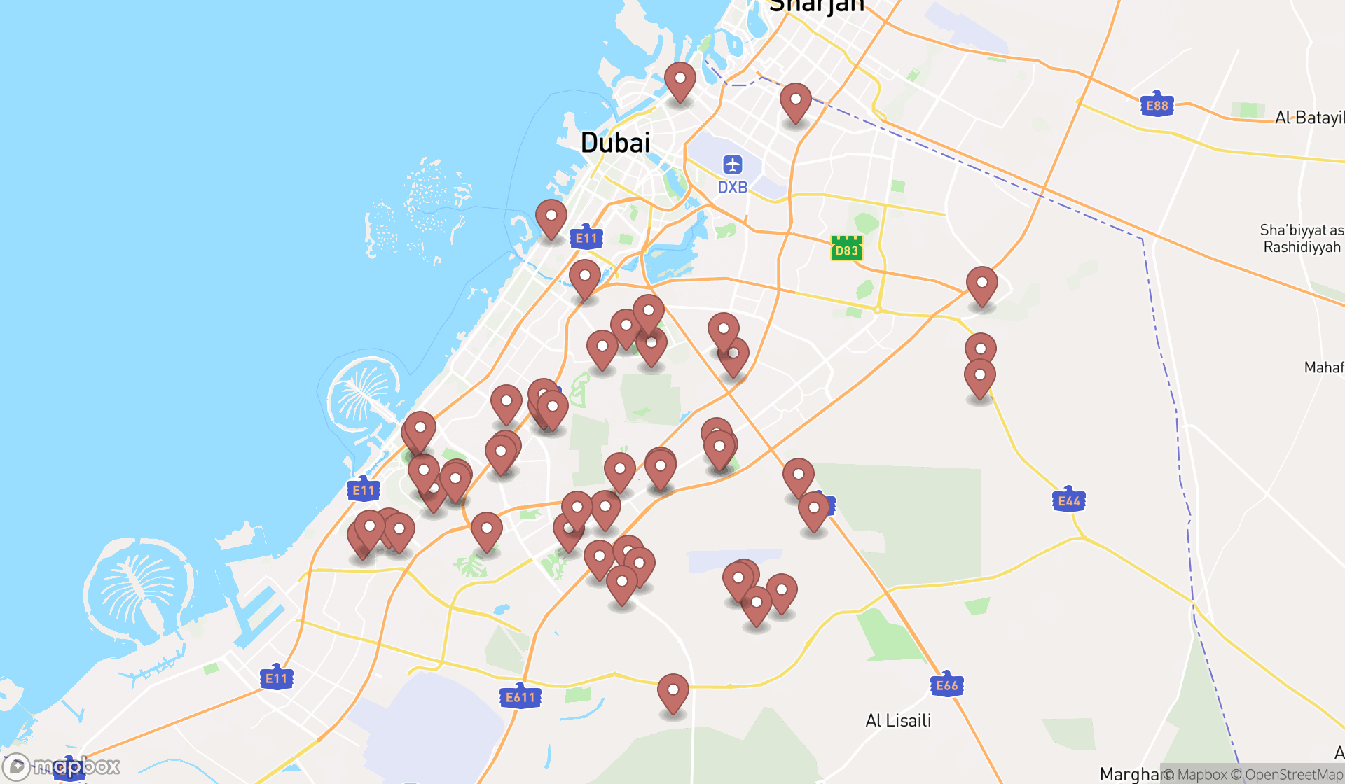 Map showing the search results in Dubai