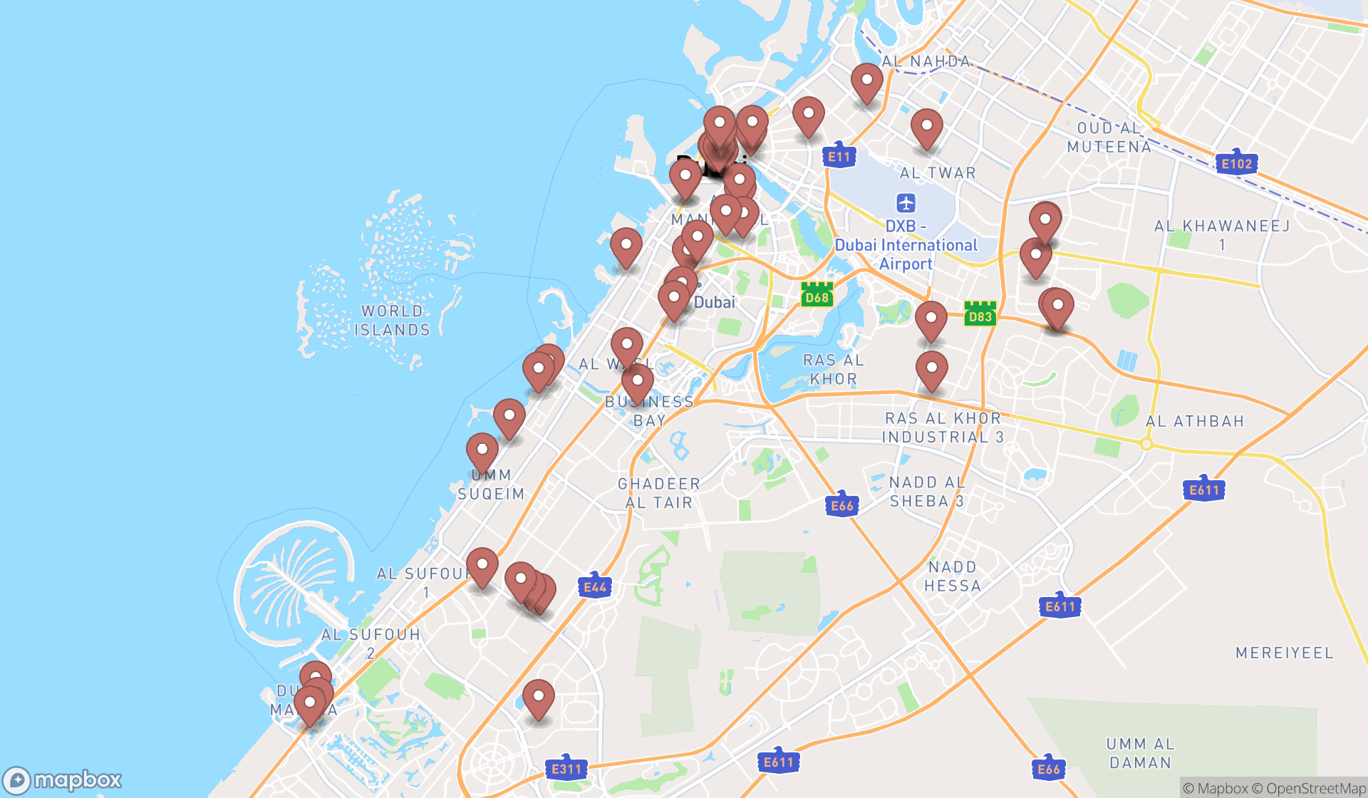 Map showing the search results in Dubai