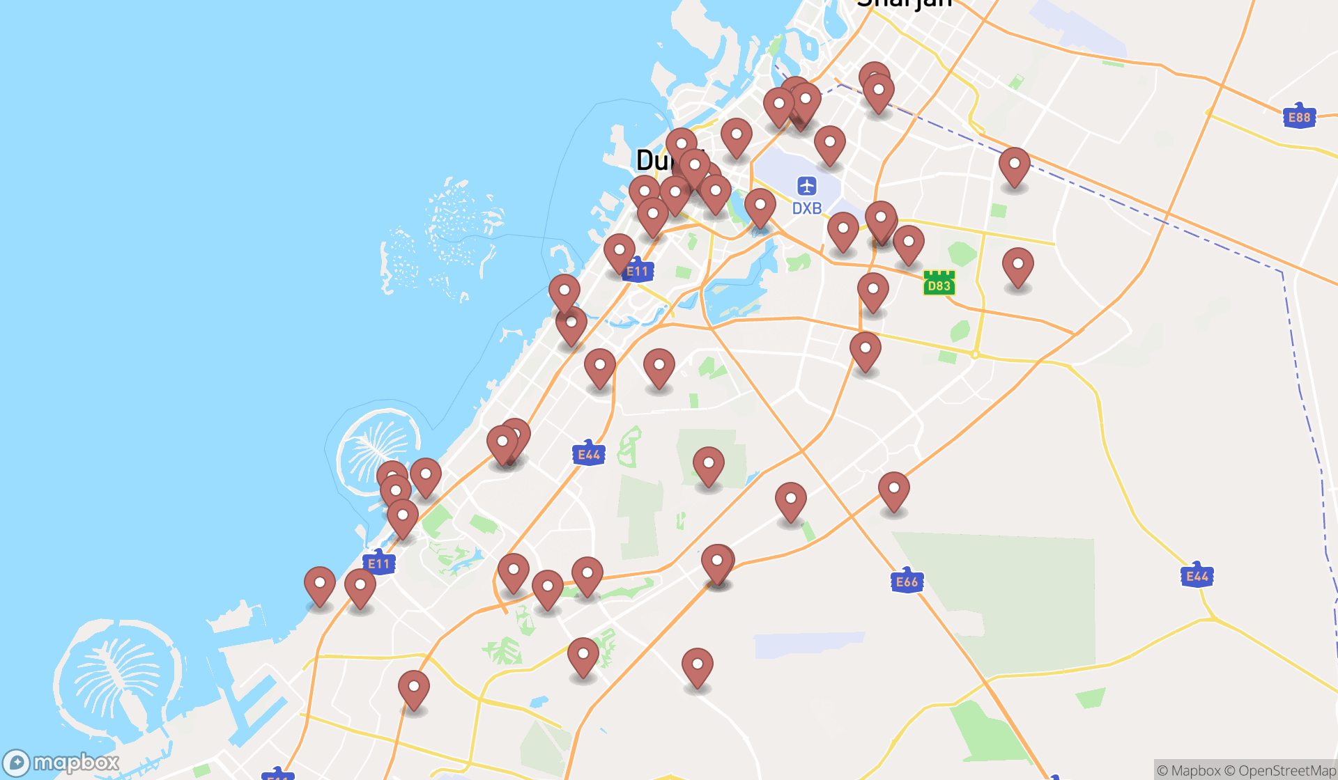 Map showing the search results in Dubai