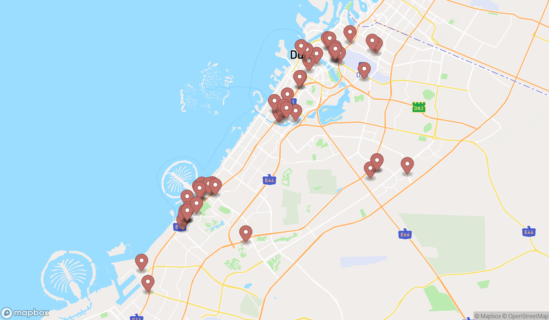 Map showing the search results in Dubai