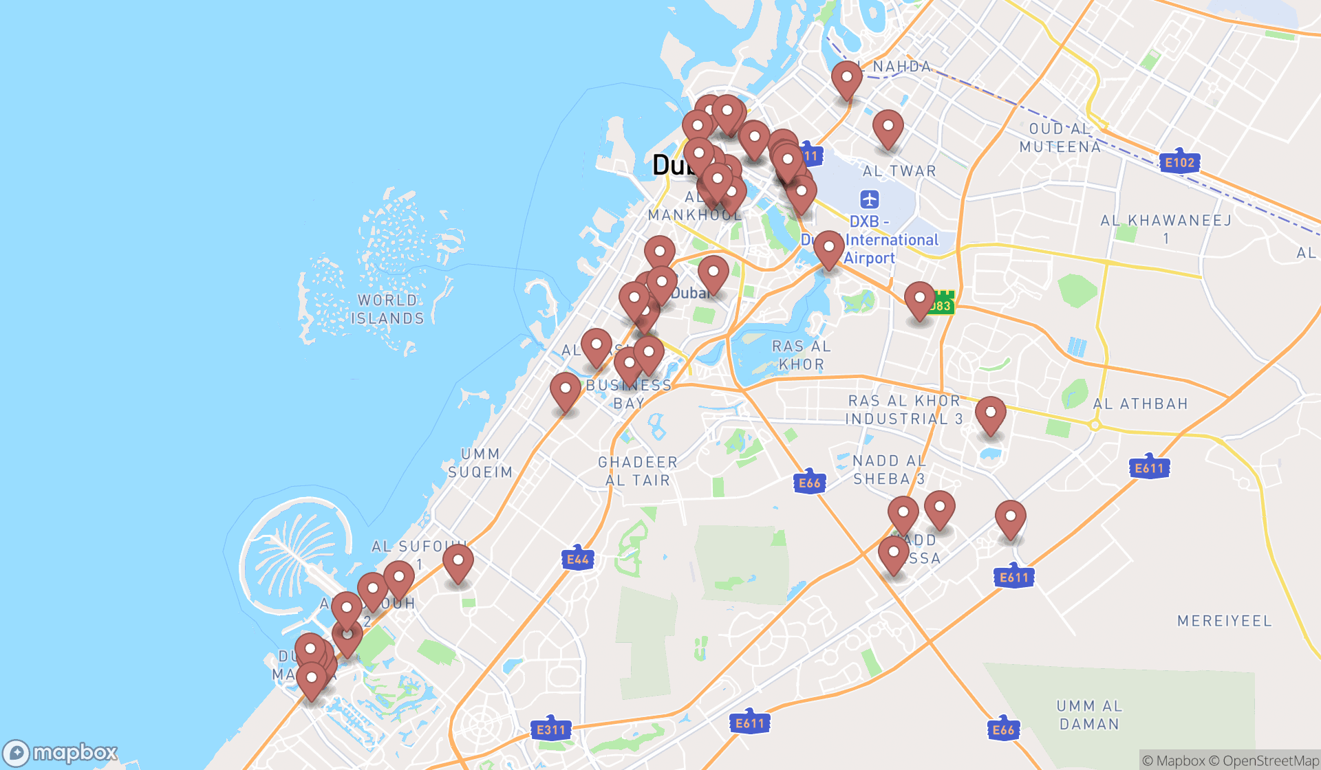 Map showing the search results in Dubai