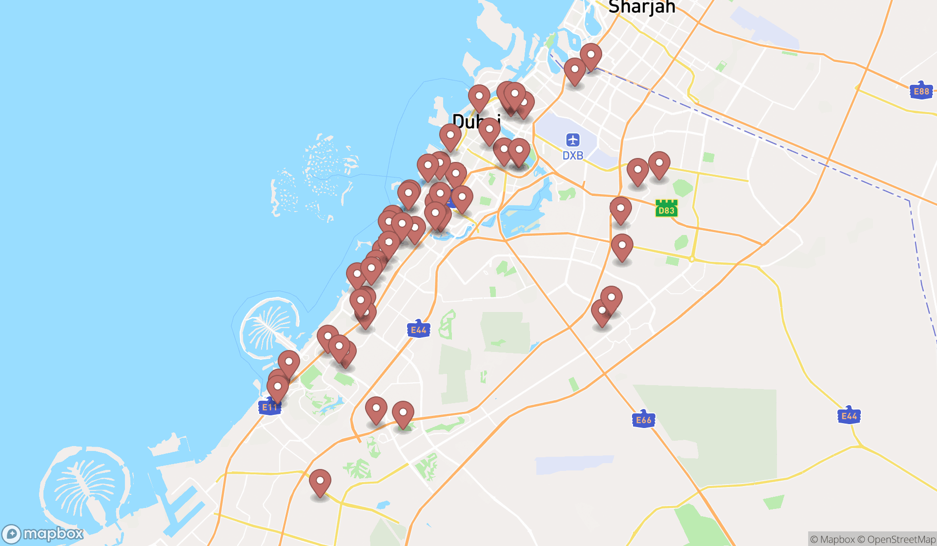 Map showing the search results in Dubai