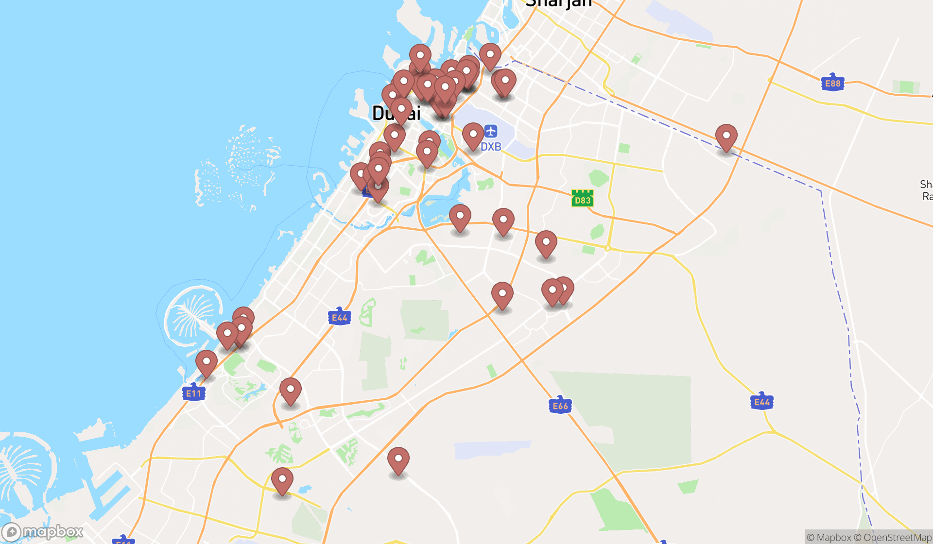 Map showing the search results in Dubai