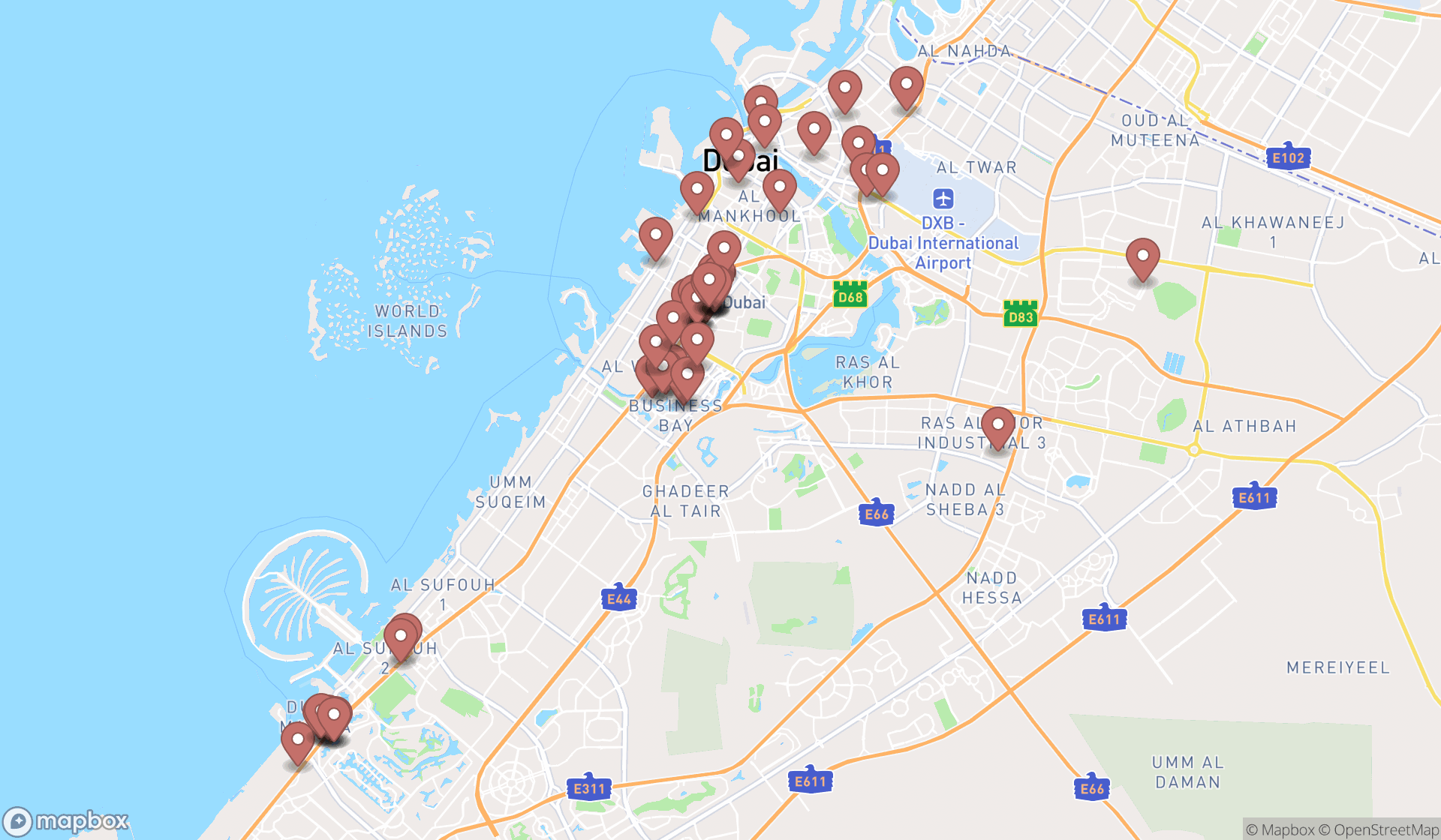 Map showing the search results in Dubai
