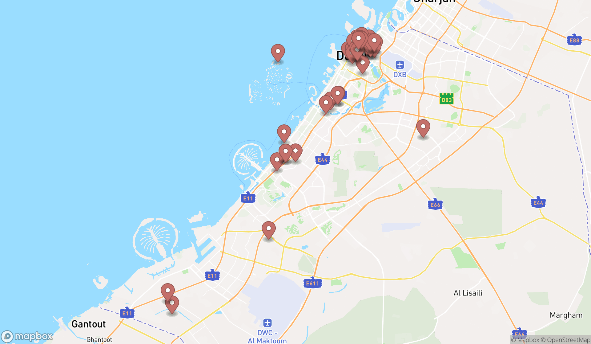 Map showing the search results in Dubai