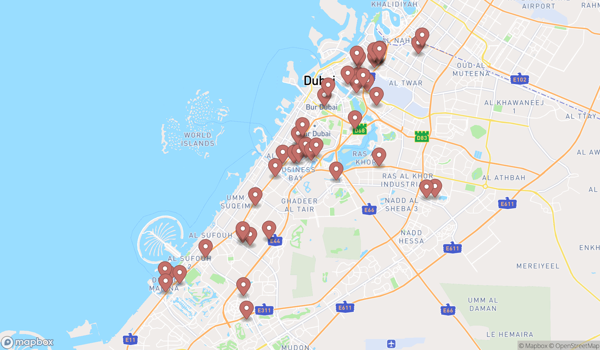 Map showing the search results in Dubai