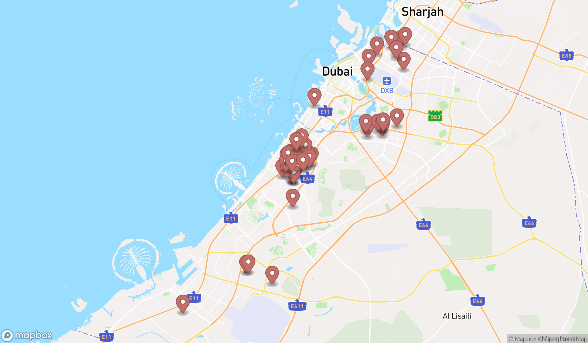 Map showing the search results in Dubai