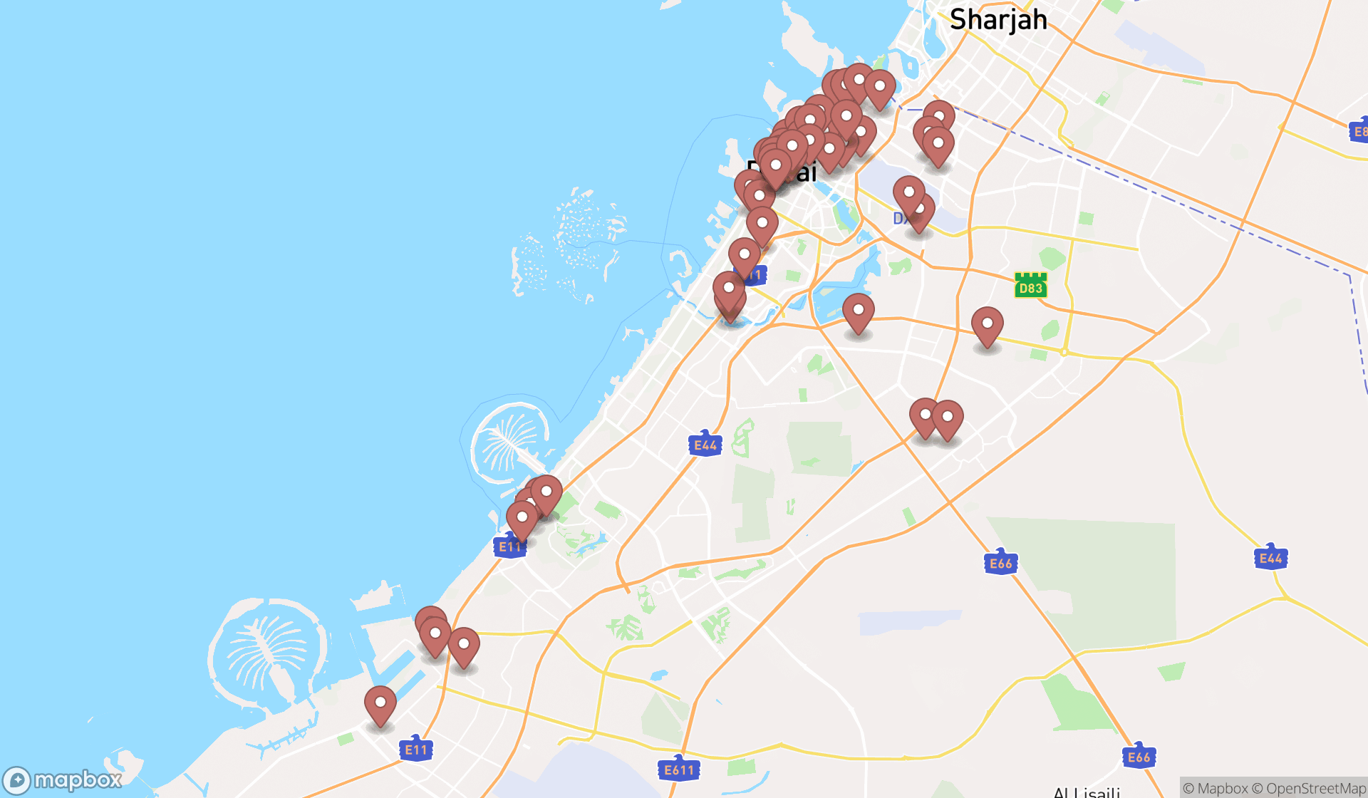 Map showing the search results in Dubai