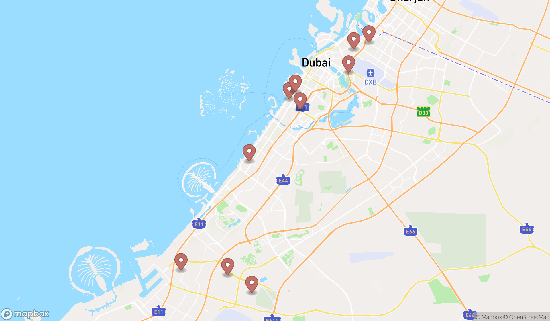 Map showing the search results in Dubai