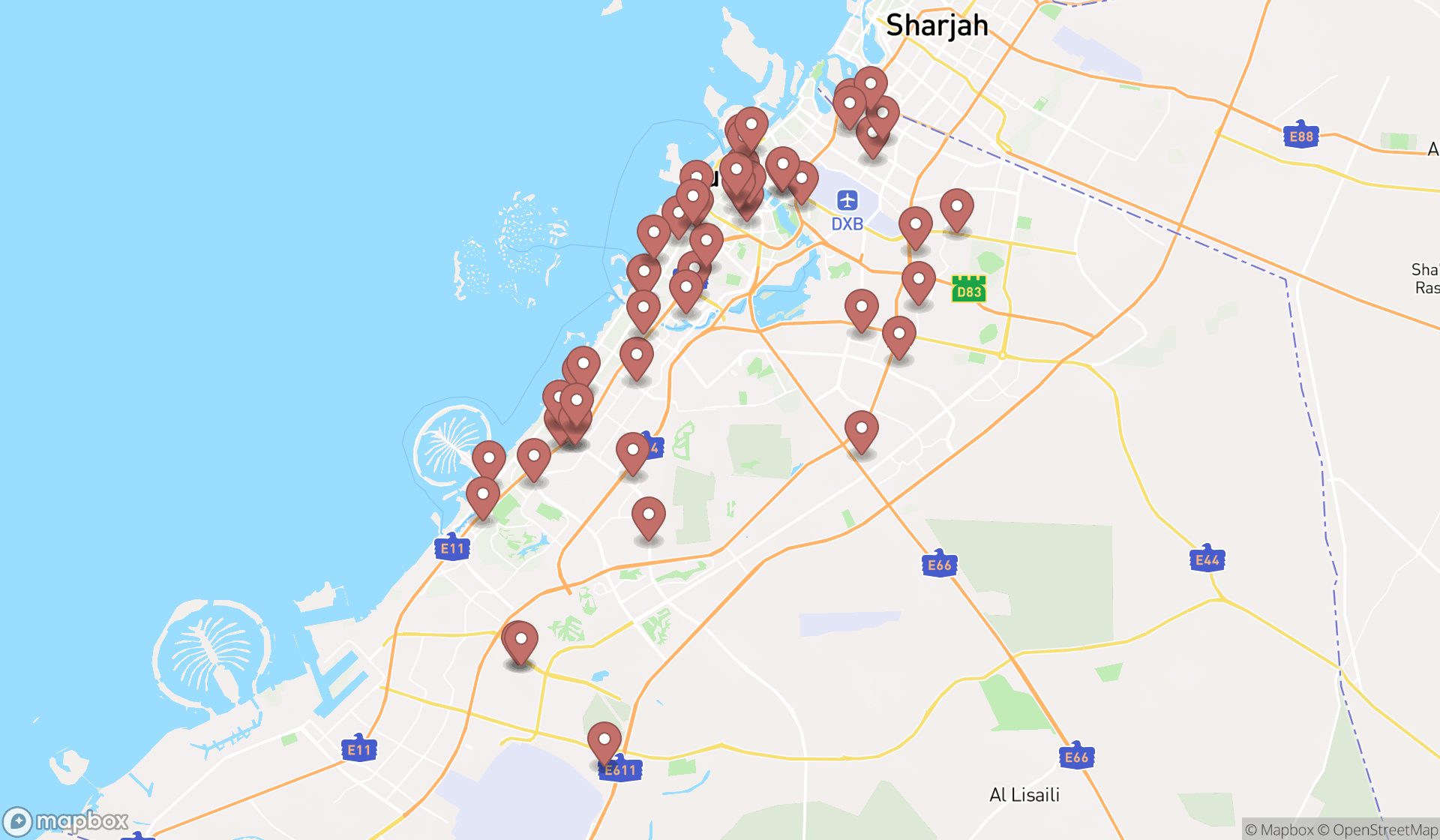 Map showing the search results in Dubai
