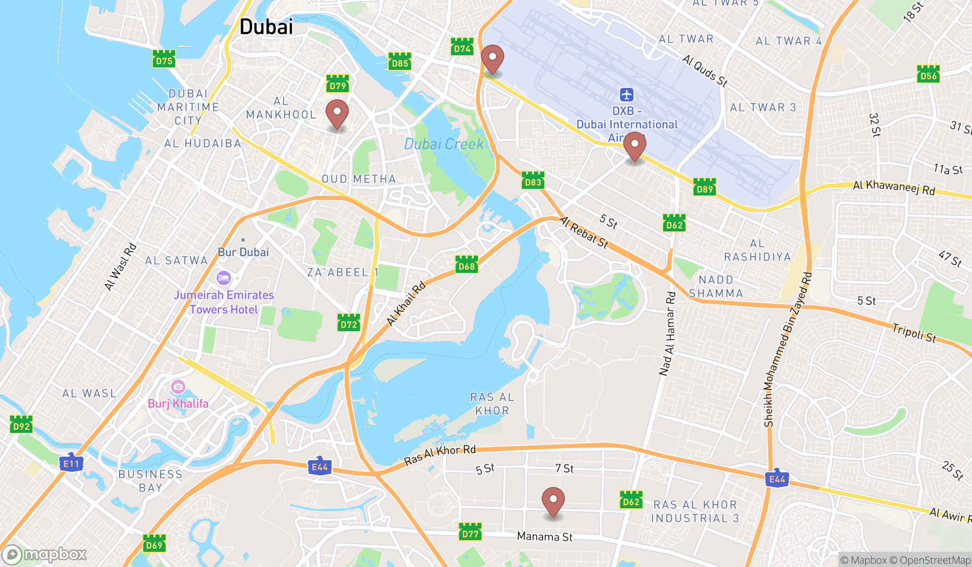 Map showing the search results in Dubai