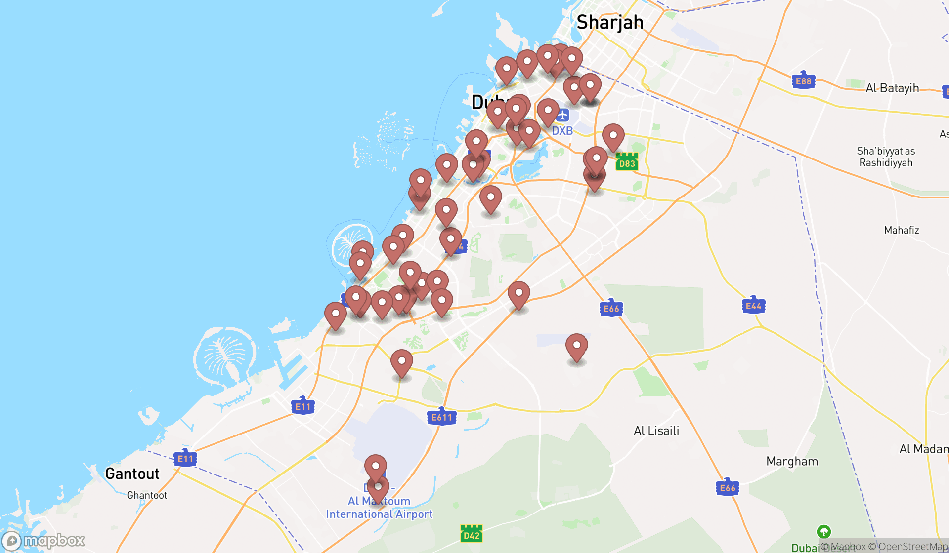 Map showing the search results in Dubai