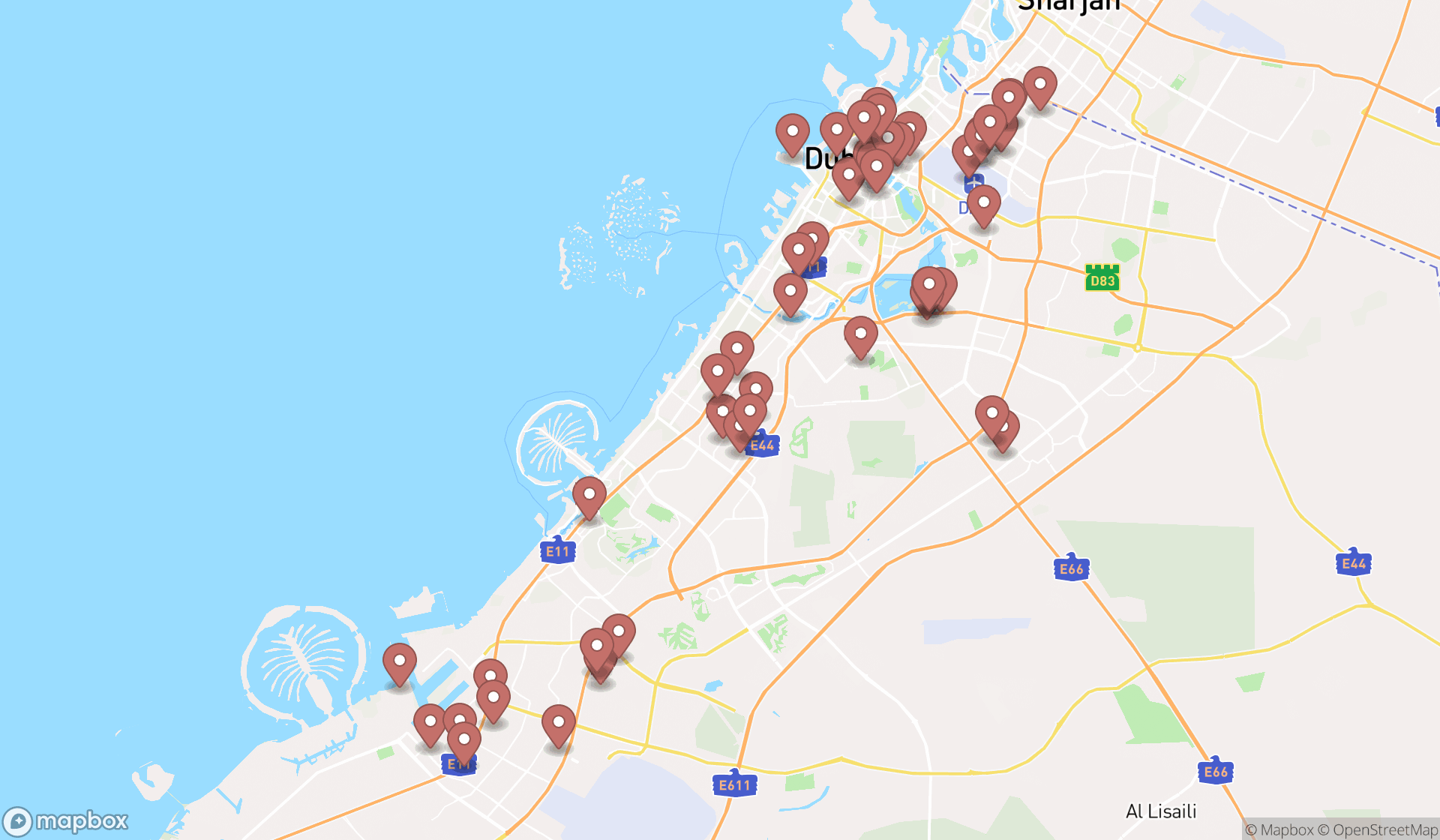 Map showing the search results in Dubai