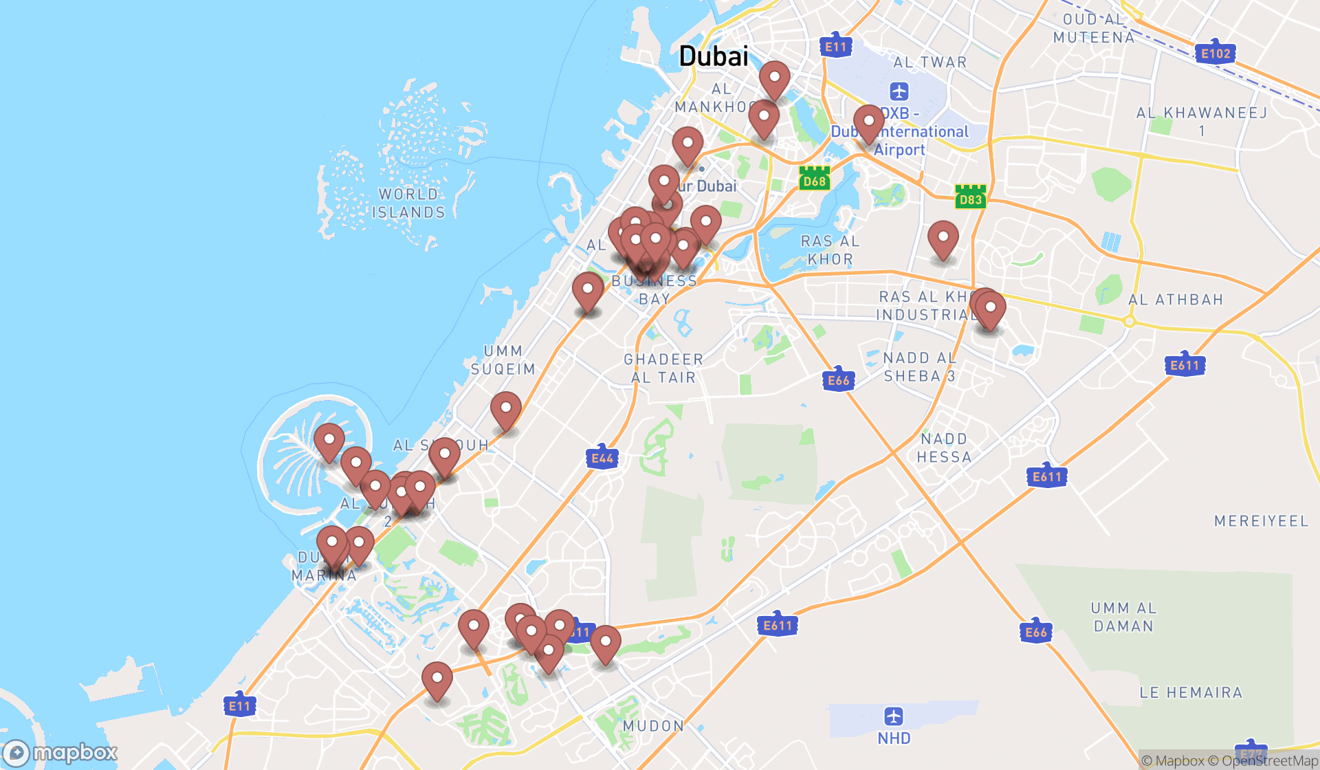 Map showing the search results in Dubai