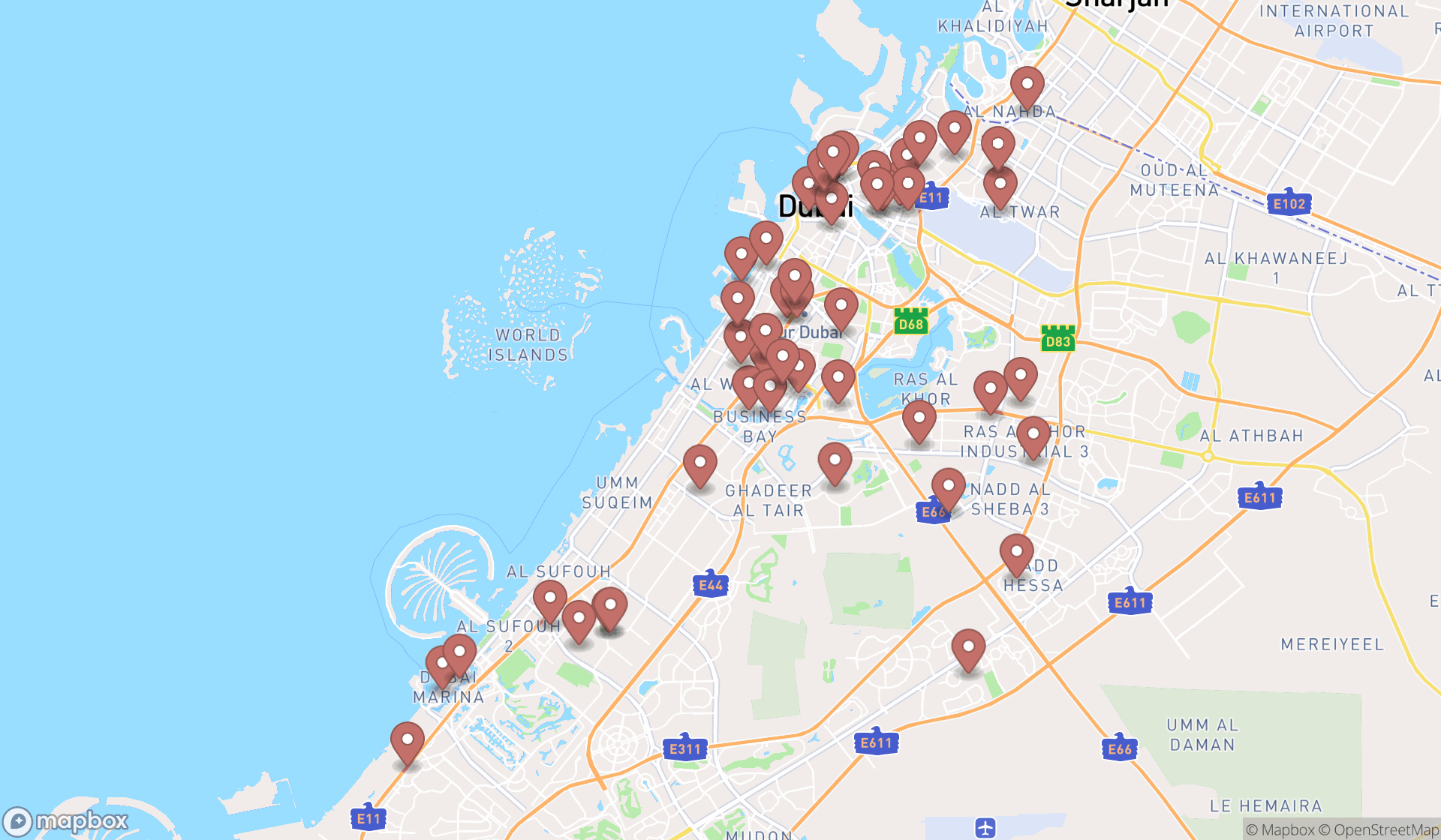 Map showing the search results in Dubai